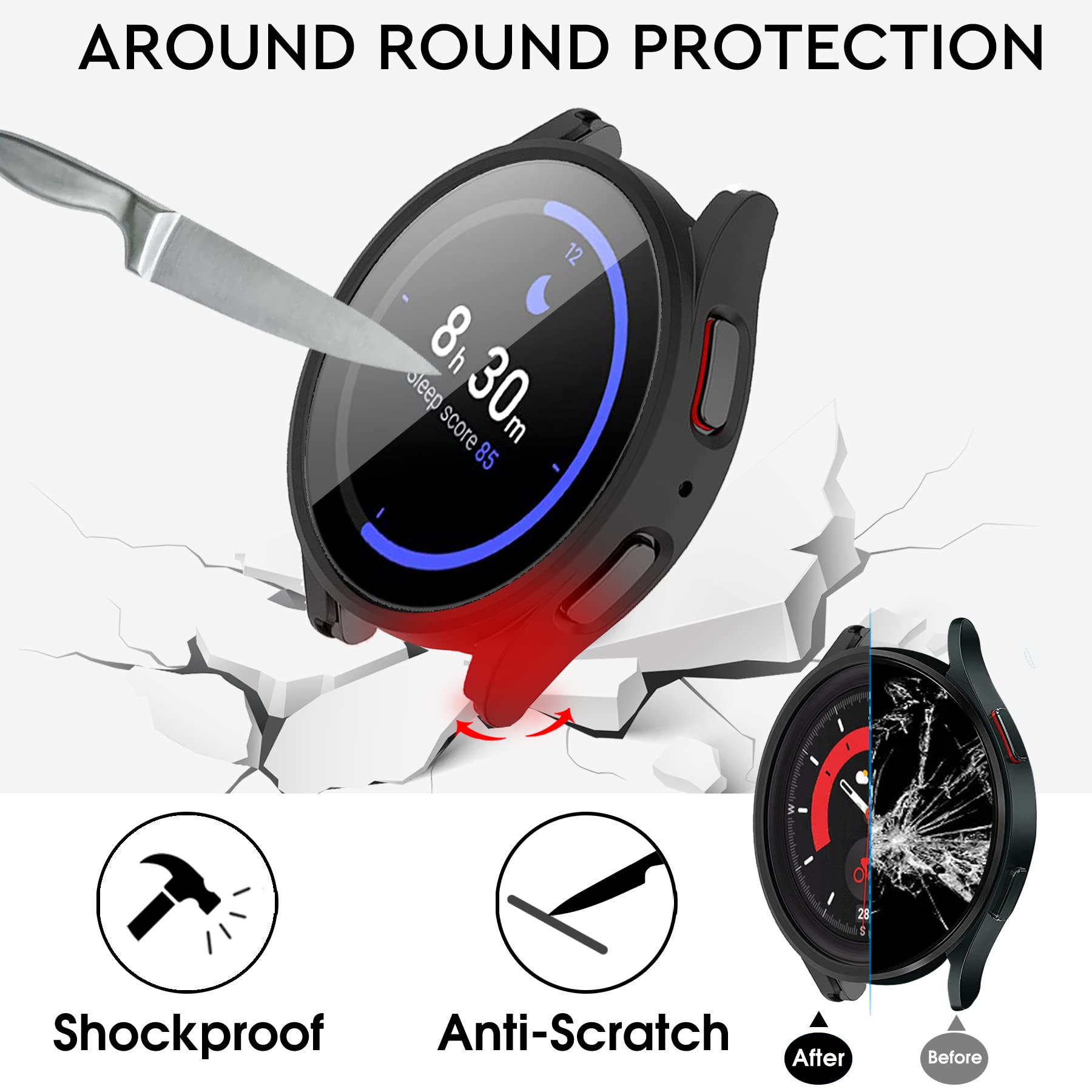 Confezione da 12 + 4 custodia per Samsung Galaxy Watch 5 Pro 45 mm con protezione in vetro temperato, impermeabile e rigida per PC bumper antigraffio compatibile con Galaxy Watch 5 Pro