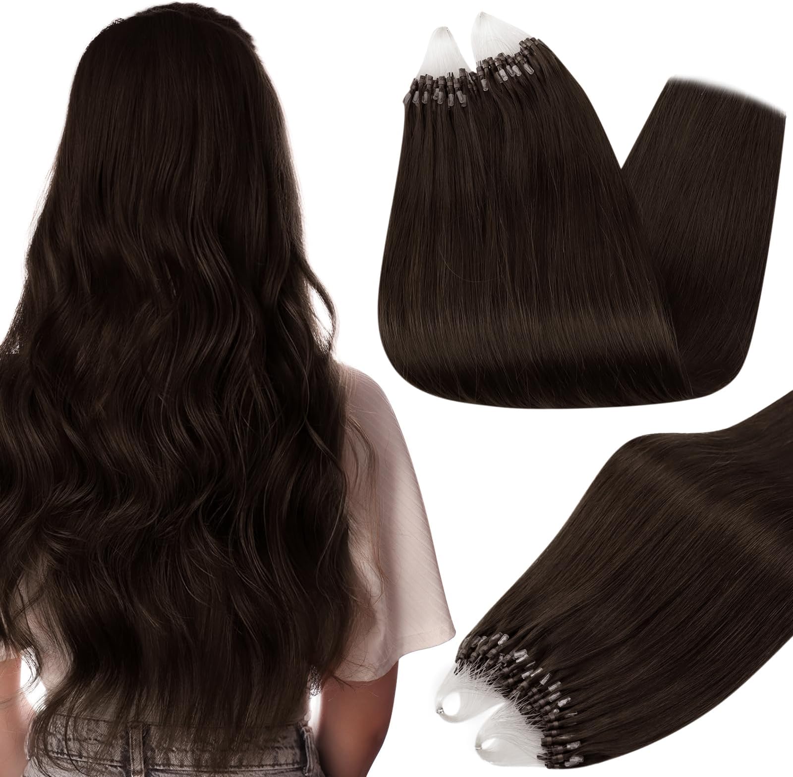 Full Shine Microlink Hair Extensions Human Hair, 16 Inch 50G with 7G Micro Beads, Dark Brown Micro Loop Extensions Remy Hair, Invisible Beaded Extensions for Seamless Natural Volume