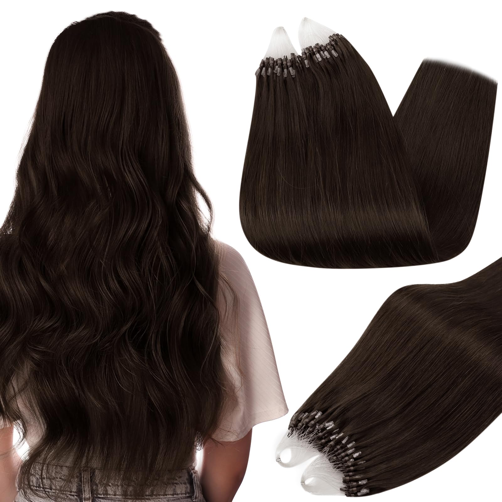 Full Shine Microlink Hair Extensions Human Hair 16 Inch Micro Loop Hair Extensions Real Human Hair Color 2 Dark Brown 50G with 7G Micro Beads Easy Installation add Volume for Women
