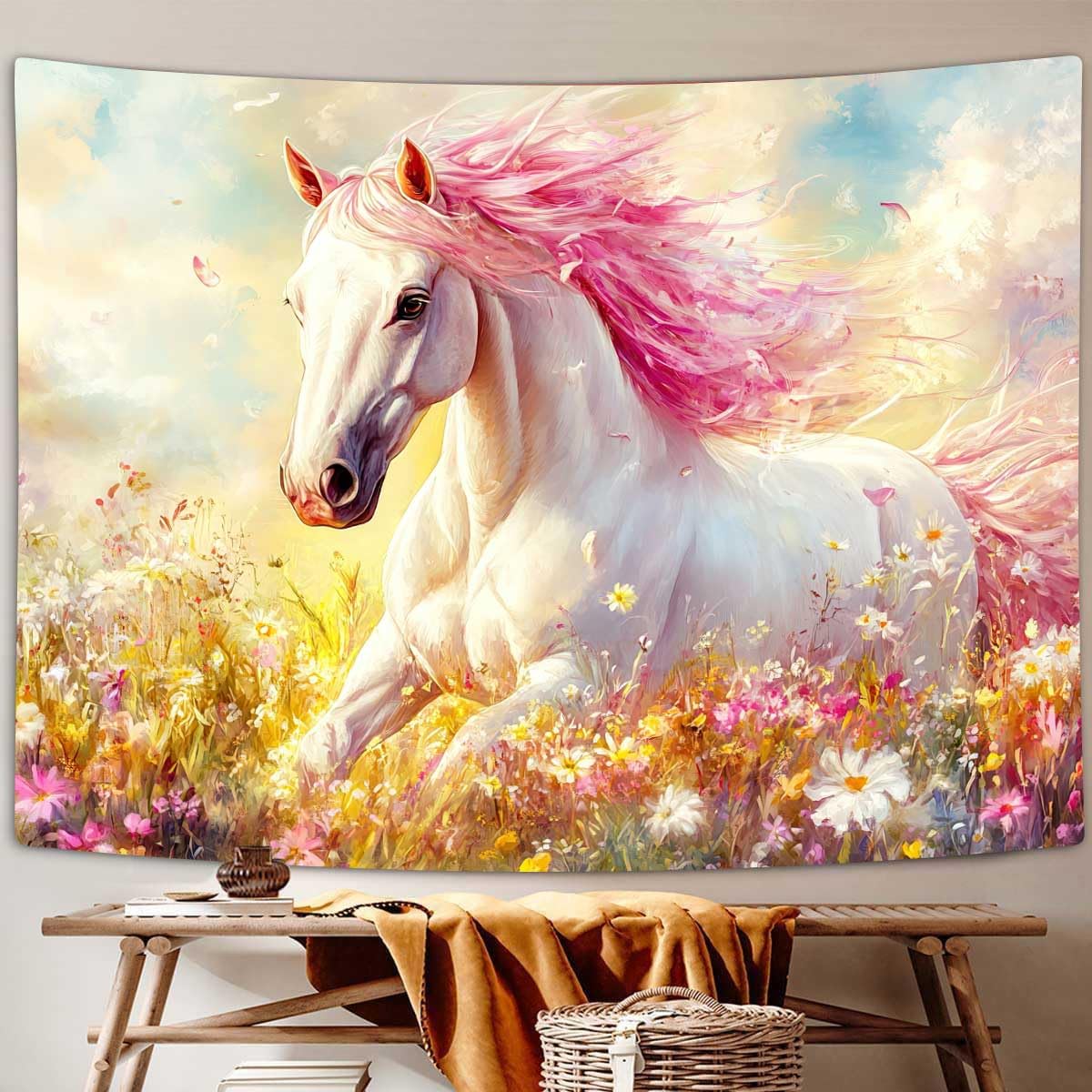 Dizifinn Horse Tapestry, Watercolor Wild Animal Tapestry Wall Hanging, Pink Colorful Flower Tapestry, Wall Art Home Decor for Bedroom Living Room
