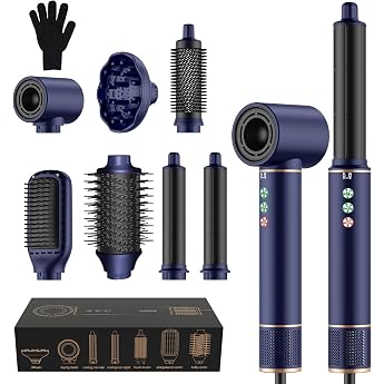 MogaWave Air Styler 7-in-1 Airbrush Hair Styler with 110000 rpm Hair Dryer 1300 W High Speed Hair Dryer with Diffuser Round Brush Hair Dryer Warm Air Brush Hair Dryer Brush Car Air Curling Iron