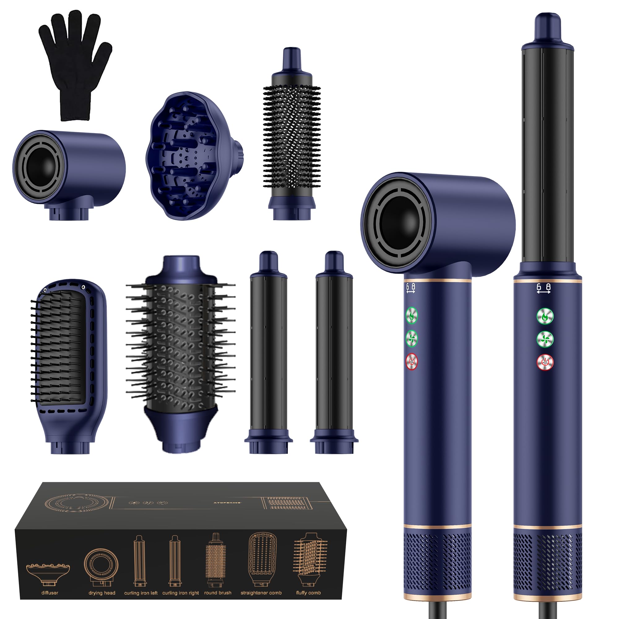 MogaWave Air Styler Seche Cheveux 7 en 1 Brosse Souflante de 110000 tr/min 20M/S pour un Séchage Rapide, Airbrush Hair Styler de 320 Millions d'Ions avec Fer A Boucler, Brosse Lissante