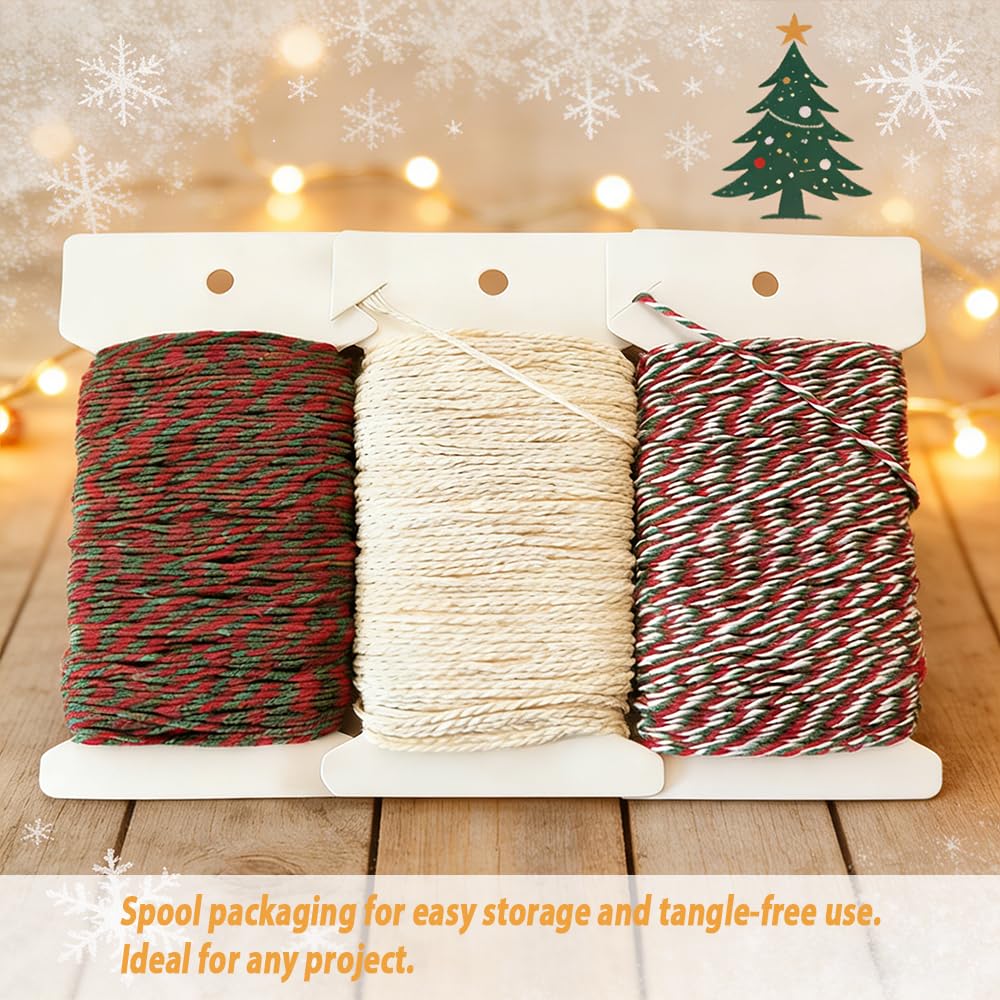 3 cuerdas de Navidad de 50 m, cuerda de algodón de 2 mm, rojo, verde y blanco, para decoración de manualidades, envoltura de regalos, decoración de Navidad (total 150 m).