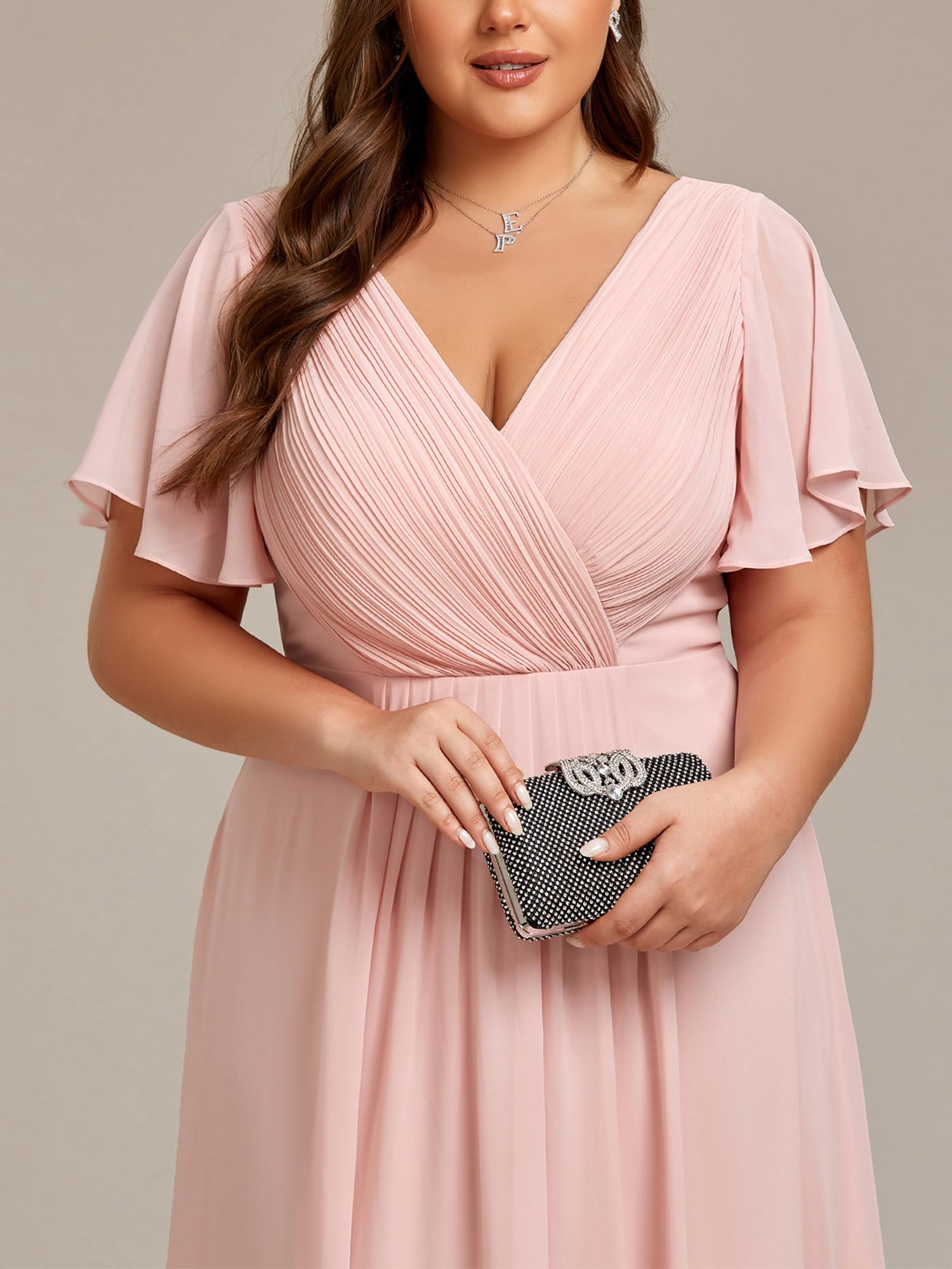 Ever-Pretty Donna Una Linea Increspato Scollo A V Maniche Corte Al Ginocchio Plus Size Wedding Guest Dress 01923-DA, Rosa, 58
