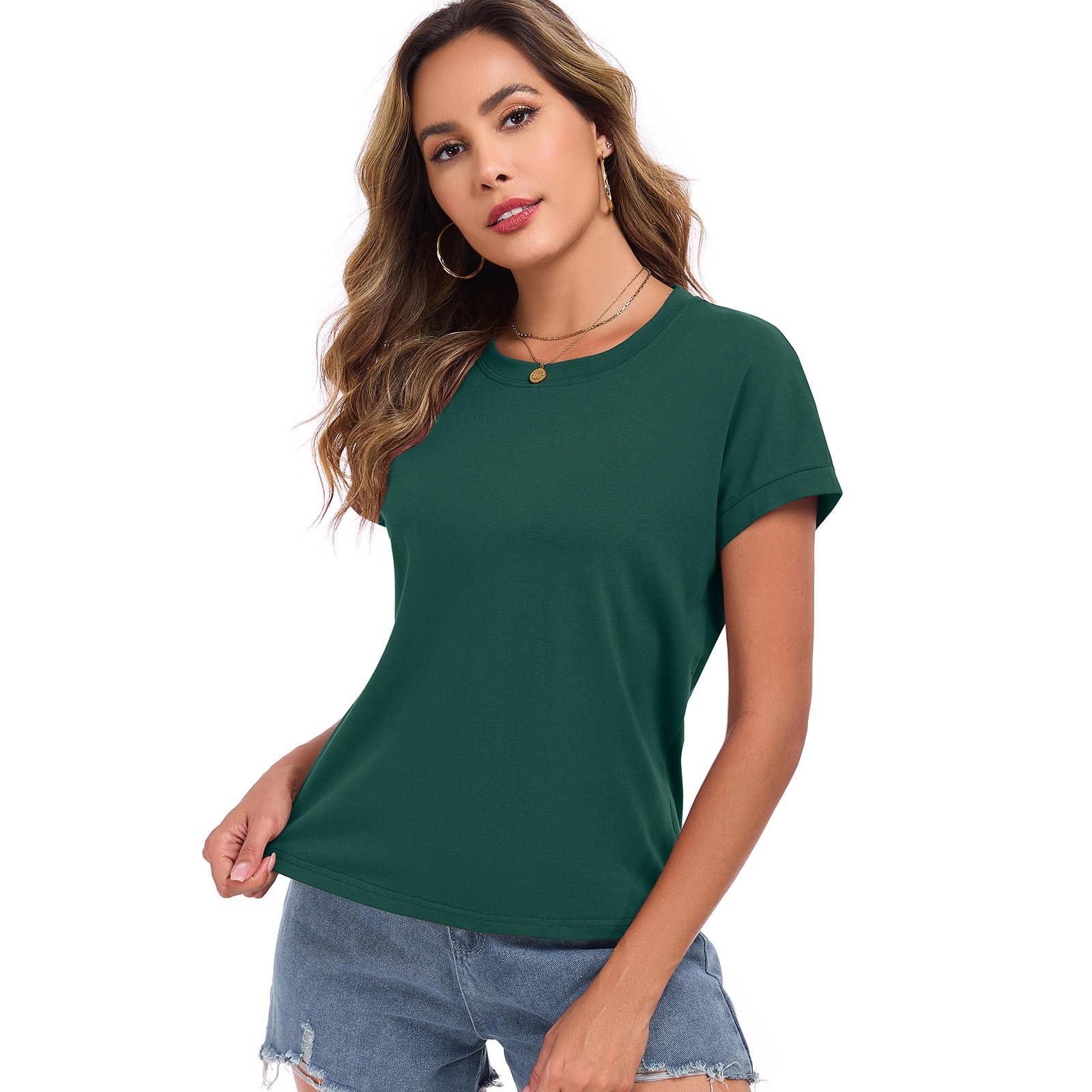 HOTIAN Camiseta de manga corta para mujer, de algodón, informal, básica, de verano, manga corta, cuello redondo, holgada