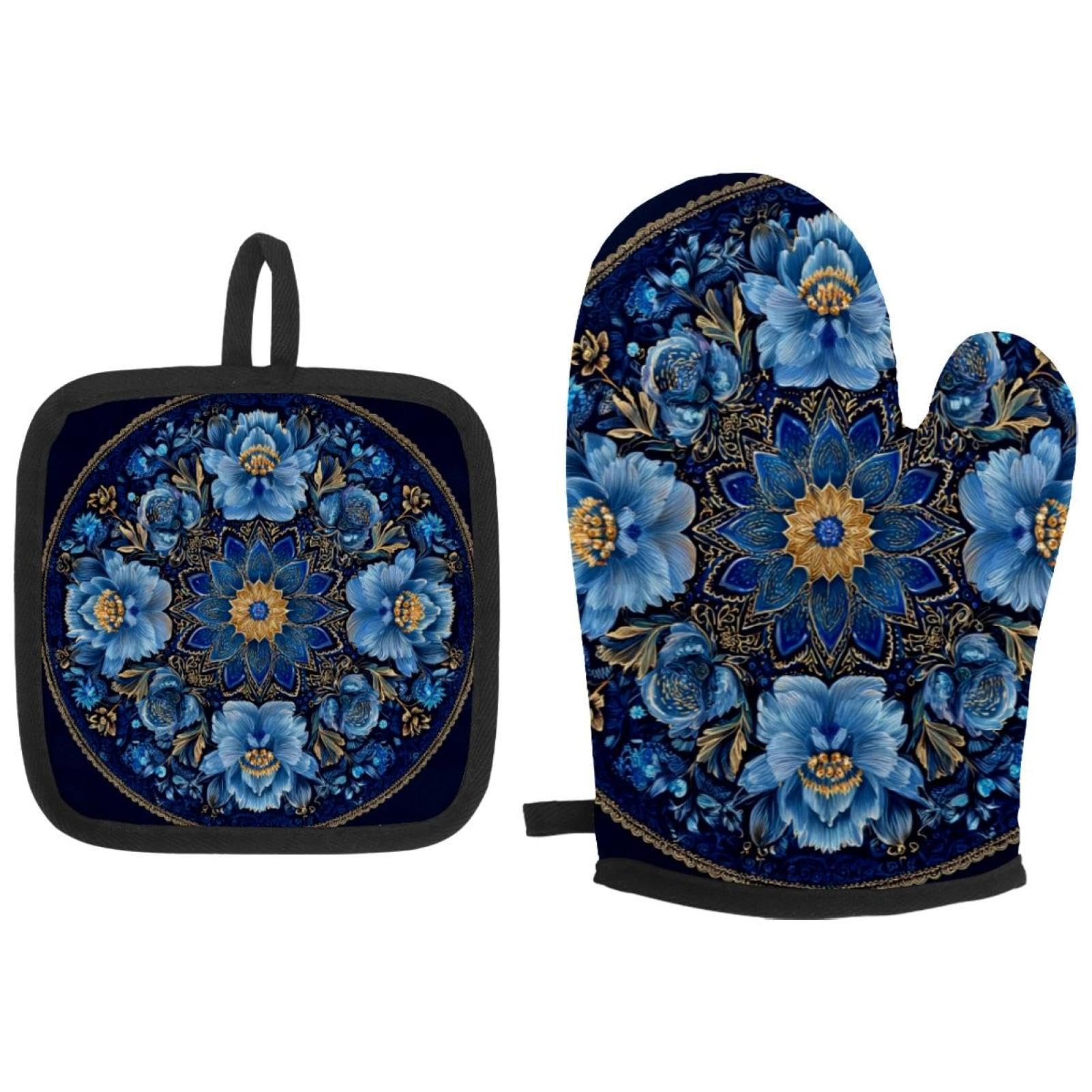 Manique et gant de cuisine mandala bleu foncé pour réussir vos pâtisseries