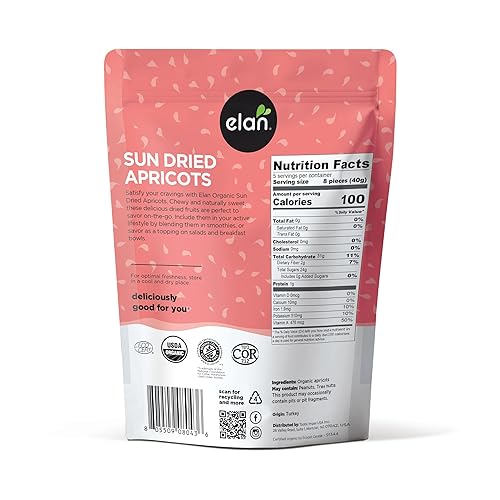 Miniatura 2 de Elan Albaricoques orgánicos secados al sol, frutas secas, sin sulfitos, sin azúcar añadido, sin OMG, vegano, sin gluten, kosher, bocadillos
