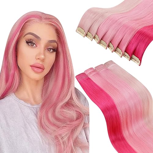 LAAVOO - Extensiones de cabello humano con clip de 20 pulgadas 8 unidades mezcla rosa extensiones de cabello humano real sedoso y liso para mujer