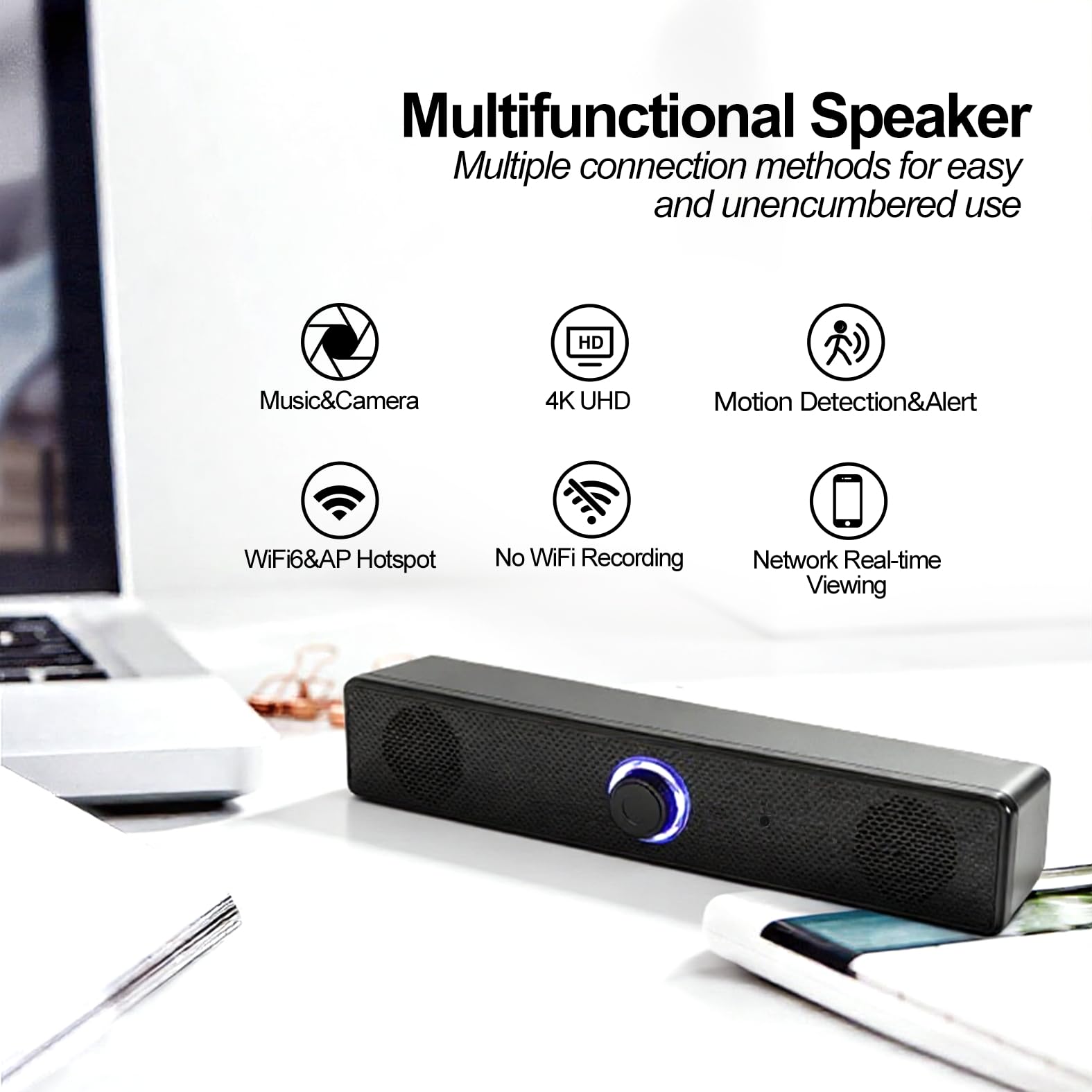 ULar 4K UHD Überwachungskamera, Bluetooth-Lautsprecher, Bewegungserkennungsalarm, WiFi & AP-Hotspot-Konnektivität, Cloud-Speicher & SD-Karten-Unterstützung, für Indoor-Smart-Home-Office-Kein Audio (32