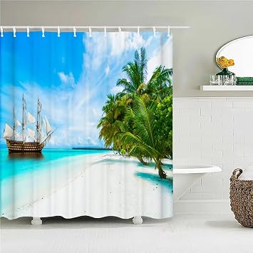 Sunny Beach Seaside Scenery 3D Printing Shower Curtain Large Size Waterproof Polyester Home Decor Curtain with Hooks 33x59in-85x150cm/WxH