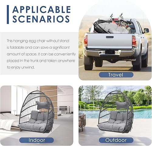 Miniatura 24 de NICESOUL Silla colgante con soporte para interiores y exteriores, cómodas sillas hamaca de ratán para patio con cojín, capacidad de 350 libras