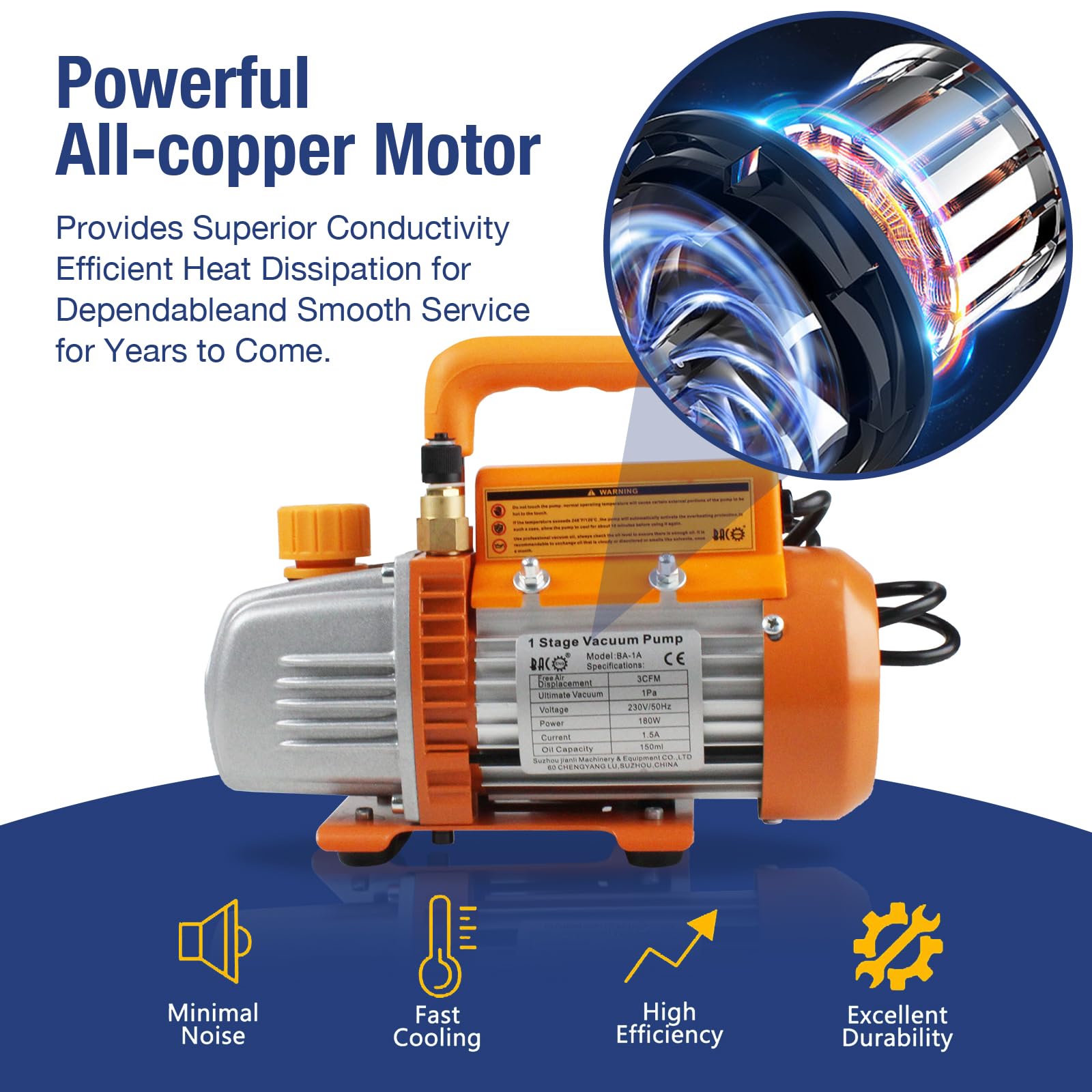 BACOENG Pompa a Vuoto 3 CFM per Refrigerazione e Climatizzazione, Pompa Monostadio 1/4 HP, 1440 giri/min, Elettrica per Sistemi di Refrigerazione Automotivi