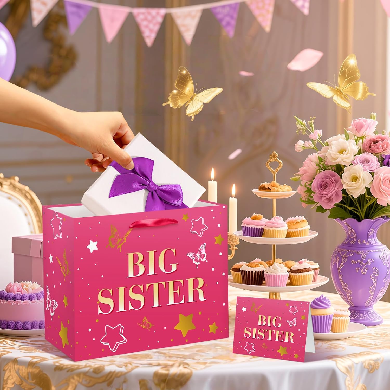 Big Sister Gift Bag for Girls, Hot Pink Big Sister Gift Bag with Tissue Paper and Greeting Card Pink Wrapping Paper Star Butterfly New Sister Party Decoration for Little Girl Birthday Party Supplies