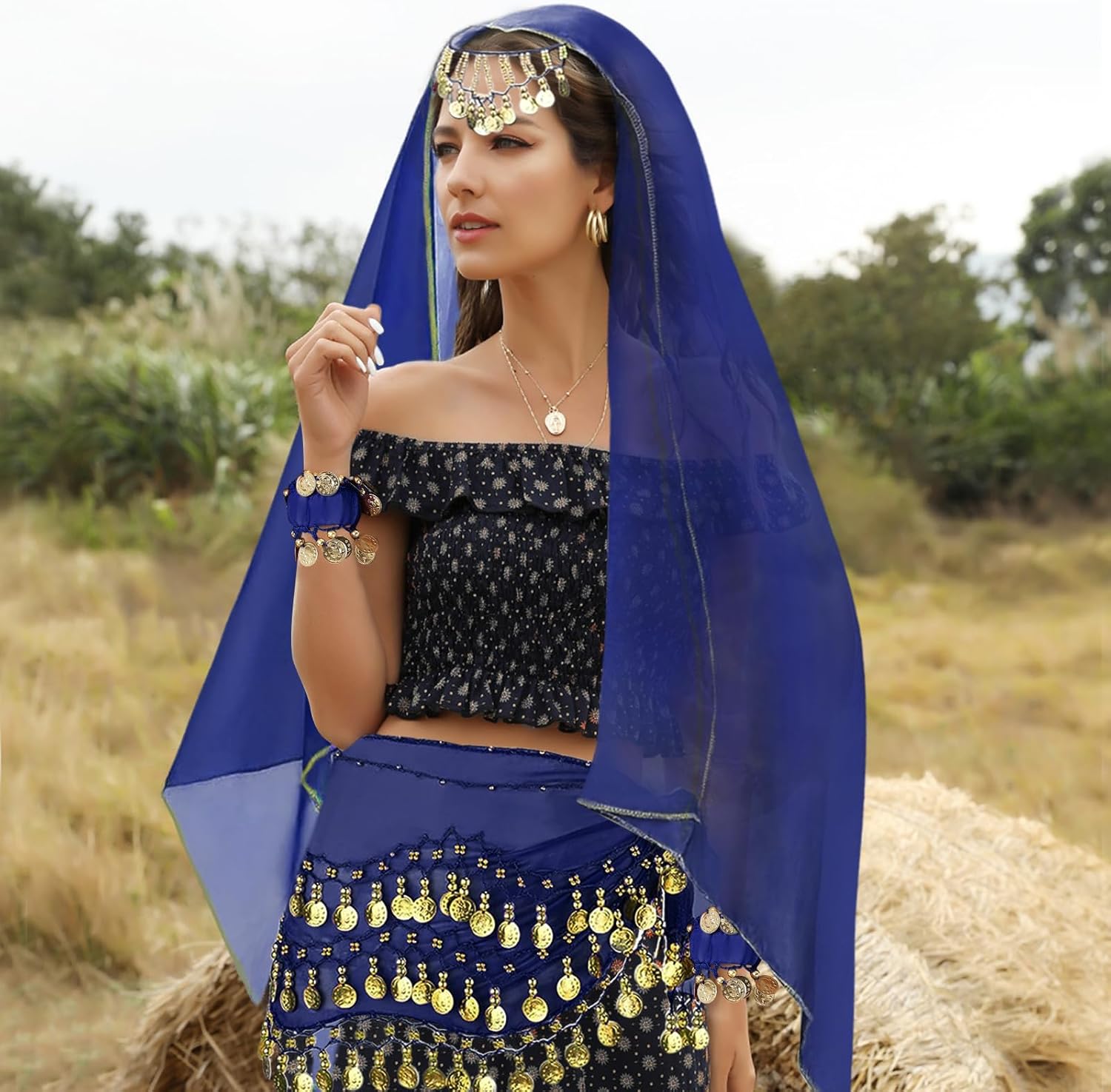 4 Pcs Belly Dance Outfit Sets Belly Dance Chiffon Hip Scarf, Head Scarf with Gold Coins 2 Coin Wrist Bracelet 50 Bobby Pins - Image 4