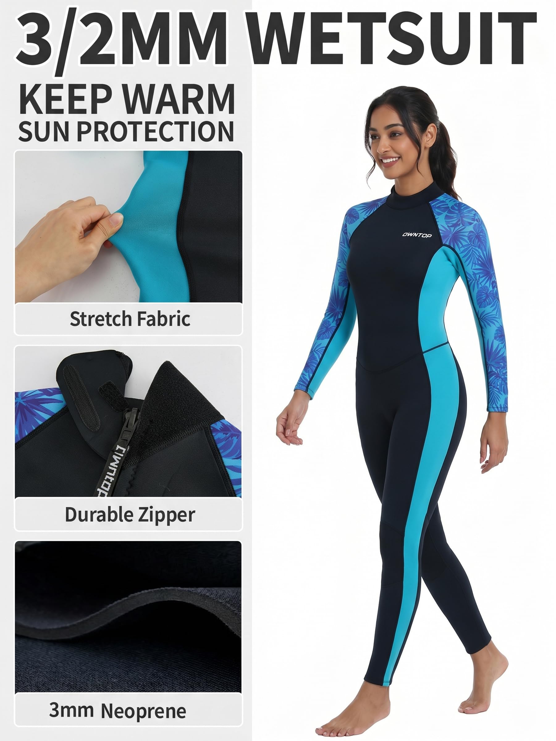Owntop Muta lunga da donna, 3/2 mm, in neoprene di alta qualità, con cerniera posteriore, protezione dal freddo, per snorkeling, immersioni, surf e SUP