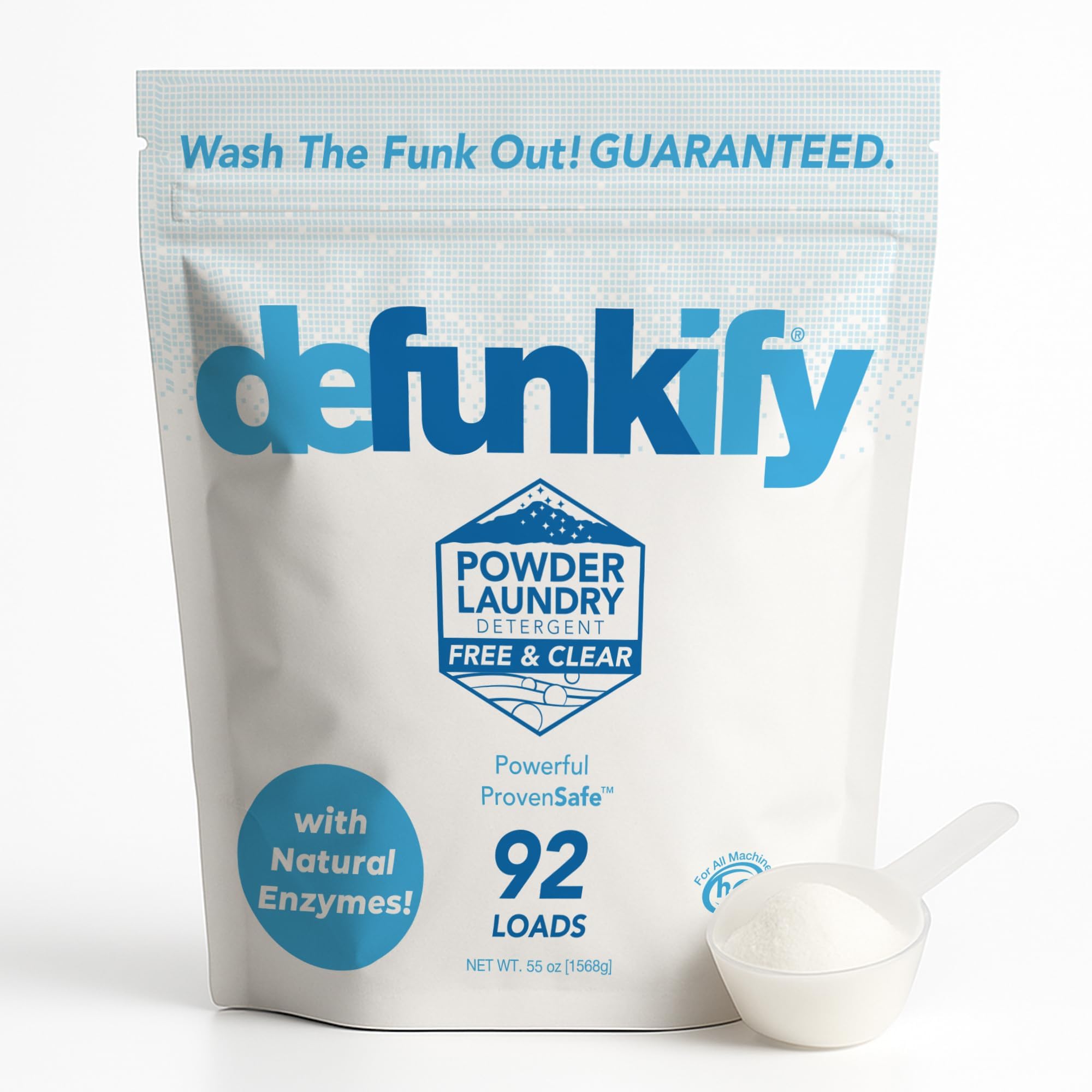 Defunkify Powder Laundry Detergent | Free & Clear Powdered Laundry Soap w/Odor Crushing & Stain Removing Power | 92 Loads (55 oz)