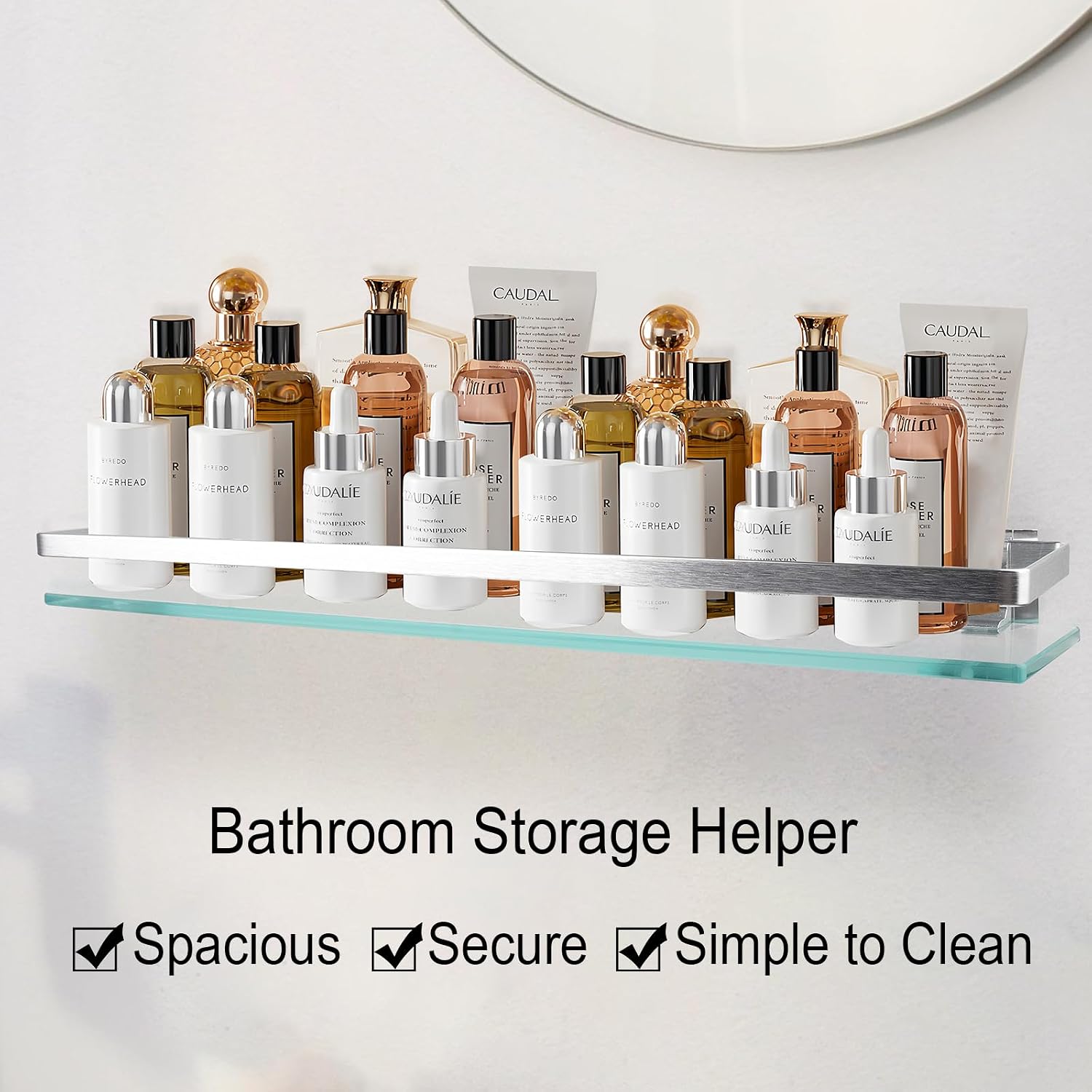 Bathroom Shelf Glass Shelves 23-Inch Floating Tempered Glass Shelf Rectangular Aluminum Wall Mounted Silver Polished Shelves for Kitchen Organizers image 4