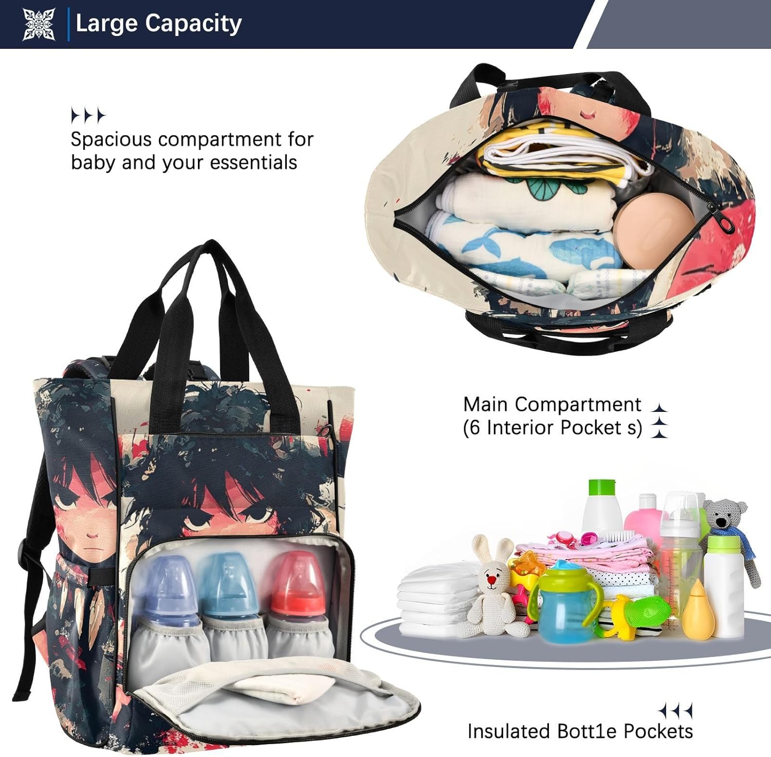 Diaper Backpack Anime Warrior Pattern with Insulated Feeding Bottle Compartment, Mommy Nursing Bag Organizer for Travel Daycare with Stroller Straps
