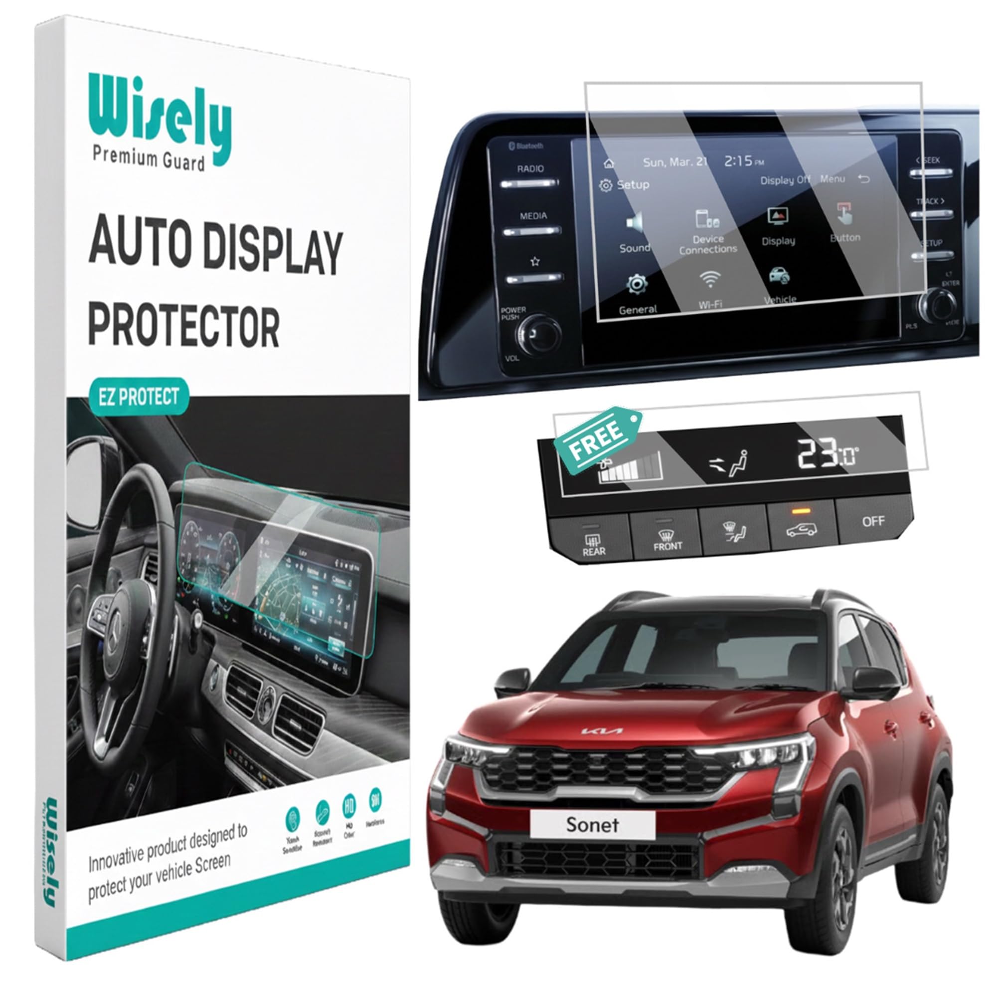 Wisely 2Pcs - Premium Screen Guard for KIA SONET (2024-2026+) HTK / HTK+ / HTX Car - 8 Inch Display Infotainment System & AC Panel Protector - Stereo Accessories - Touch Responsive - HD Clear, Easy Installation