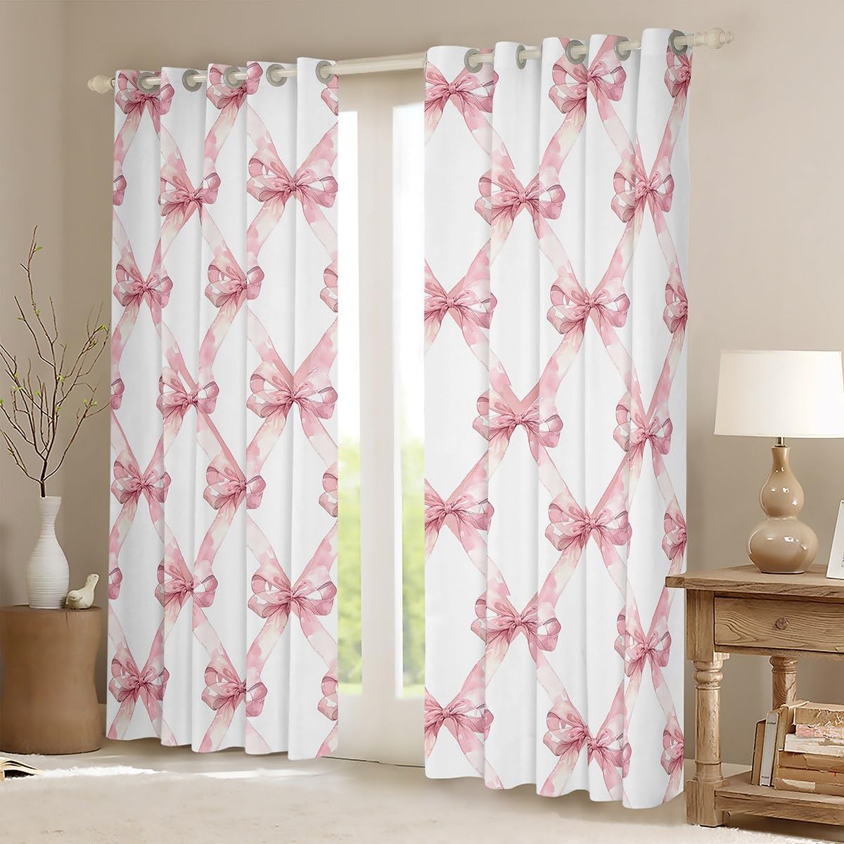 Manfei Pink Bowknot Window Curtain,Dreamy Princess Style Kids Girls Curtain for Adults Teens Living Room Decor,Watercolor Bow Geometric Grids White Window Drapes of 2 Panels,52Wx84L Inches