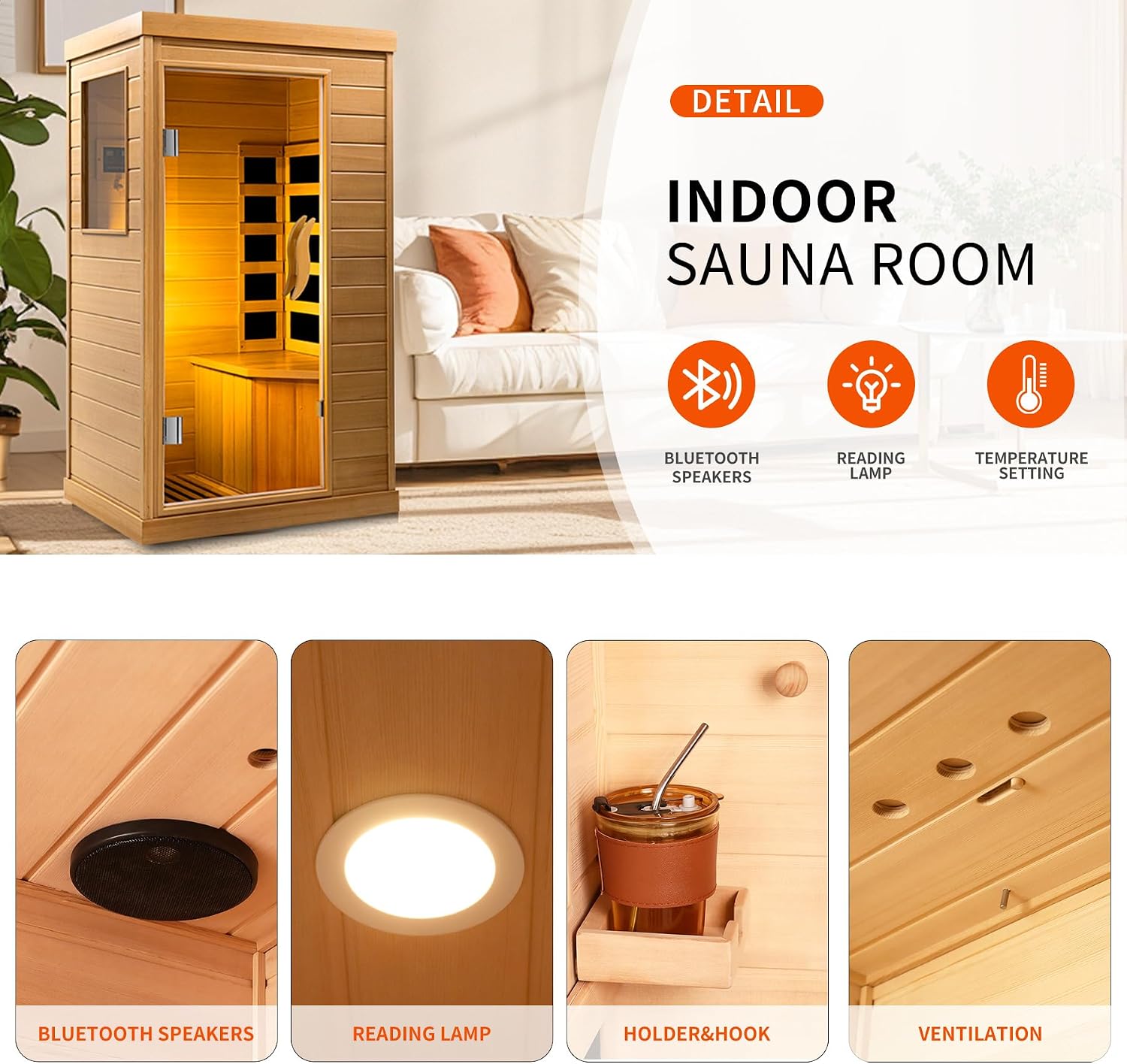 Far Infrared Wood Sauna Box, 1 Person Low-Emf Indoor Home Spa, Traditional Dry Sauna with Canada Hemlock,Nature