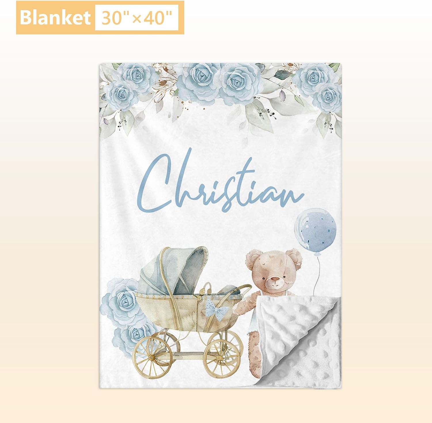 Terwex Custom Baby Crib Bedding Set - 3 Pcs Name Personalized Nursery Bedding Set - Baby Bedding Crib Set with Double Layer Blanket - Soft Blue Bear Toddler Crib Set for Girl Boy Infant Newborn Gifts