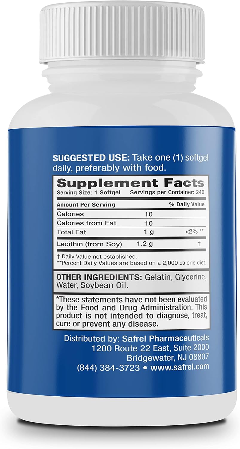 Safrel Lecithin 1200 mg Softgels (240 Count) | High Potency Quick Release Non- GMO Supplement | Promotes Brain & Cardiovascular Health | Aids in Cellular Activities and Lactation