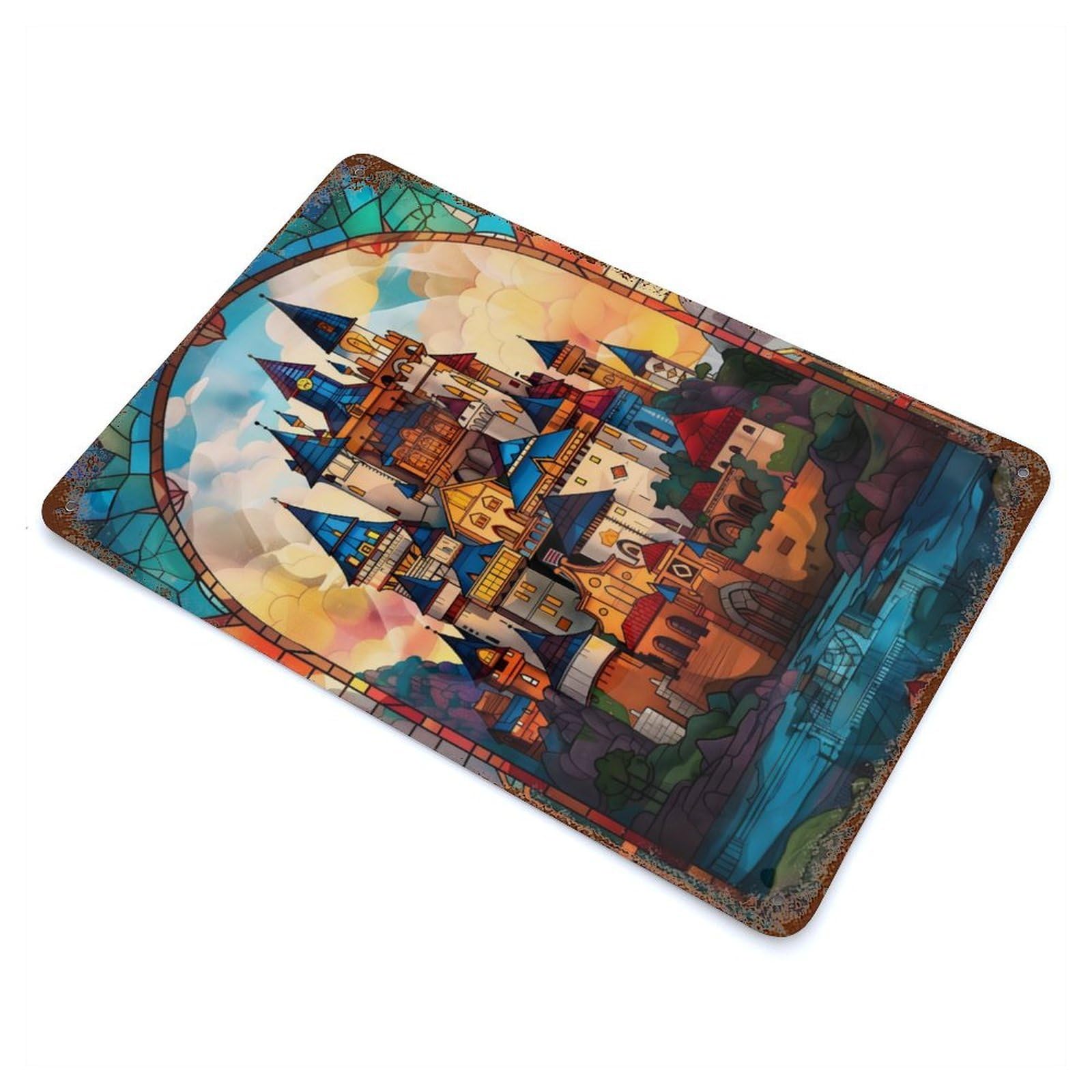 Castle Stained Glass 11.8"x7.9" Rustic Tin Plaque, Novelty Wall Decor for Living Room, Hallway And Home Decor