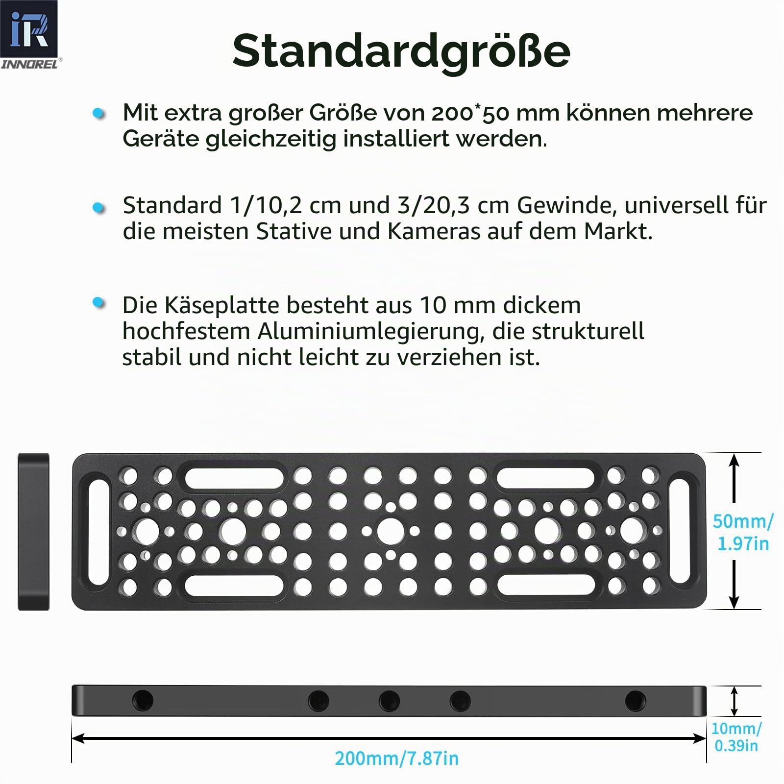 INNOREL CP2005 20 * 5cm Multifunktionale Käseplatte mit 1/4" & 3/8" Gewinden, Schaltmontageplatte mit eingebauten ARRI Locating Holes für Kamera und Stativ