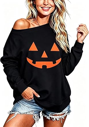 Halloween Womens Off Shoulder Long Sleeve Slouchy Holiday Sweatshirt