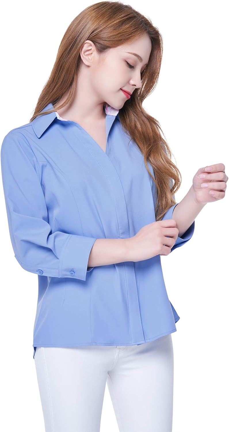 Women's Button Down Shirt 4-Way Stretch V Neck Blouse Wrinkle Resistant & Breathable 3/4 Sleeve Collared Work Top - Image 5