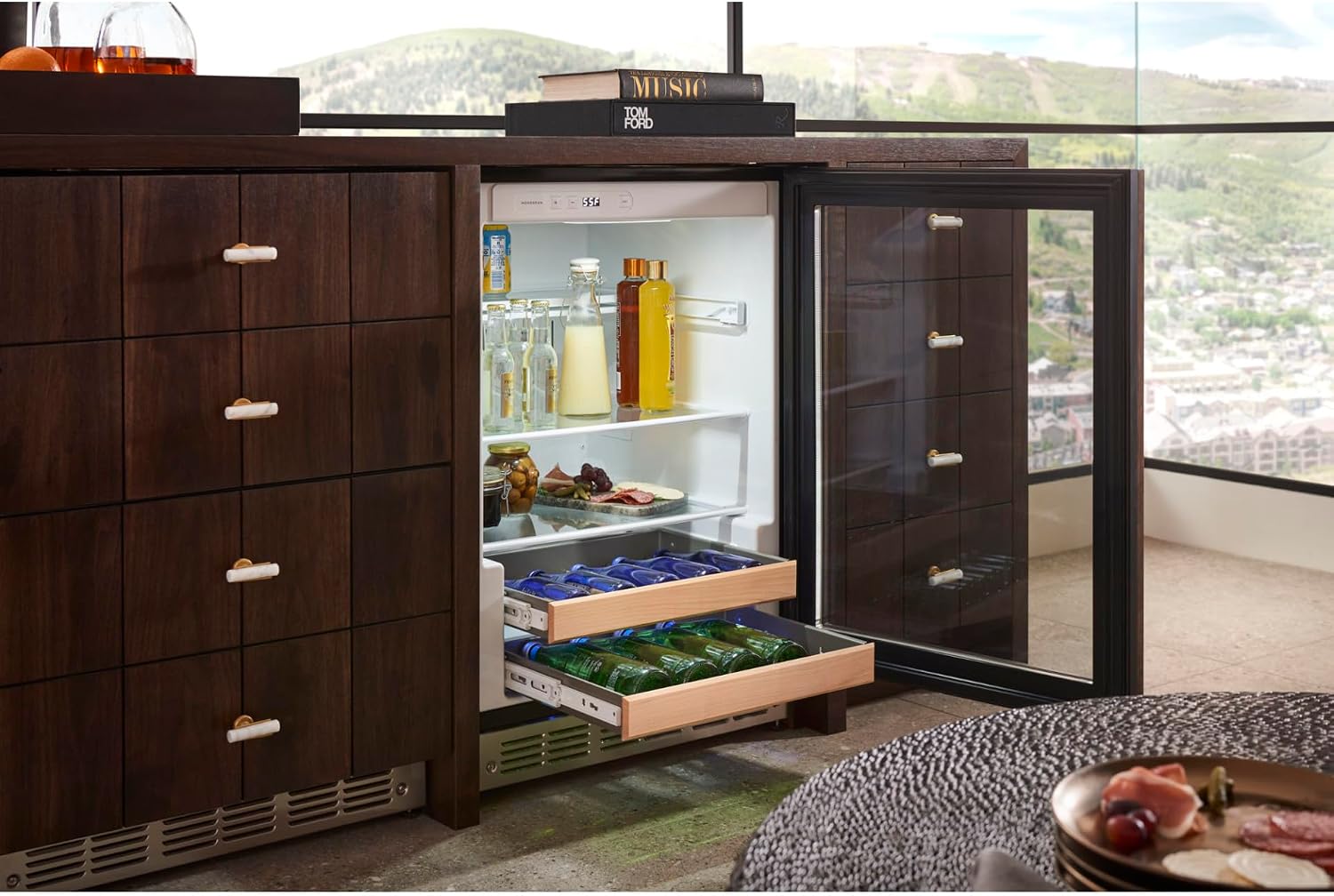 Monogram ZDBR240NBS beverage center with door open, showing interior shelves and wine racks