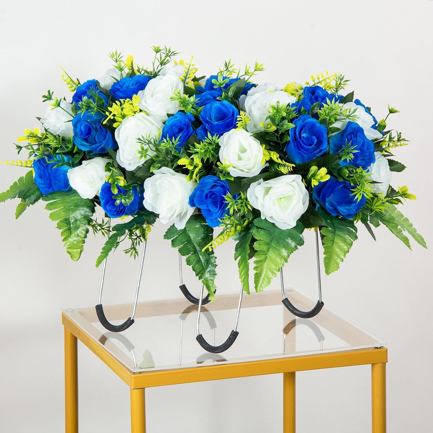 Artificial Headstone Flower Saddle, Cemetery Flowers for Grave, Cemetery Saddles for Headstones, Memorial Grave Flowers for Cemetery Tombstone Headstone Decoration(Blue with White)