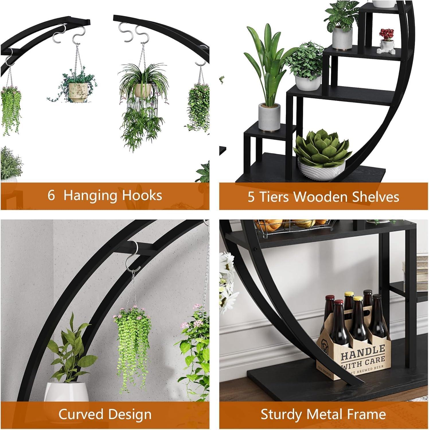 5 Tier Round Plant Stand Half Moon Shape Indoor Metal Garden Plant Holder Flower Shelf Rack With 4 Hanging Hooks for Home Balcony Living Room Garden Decor