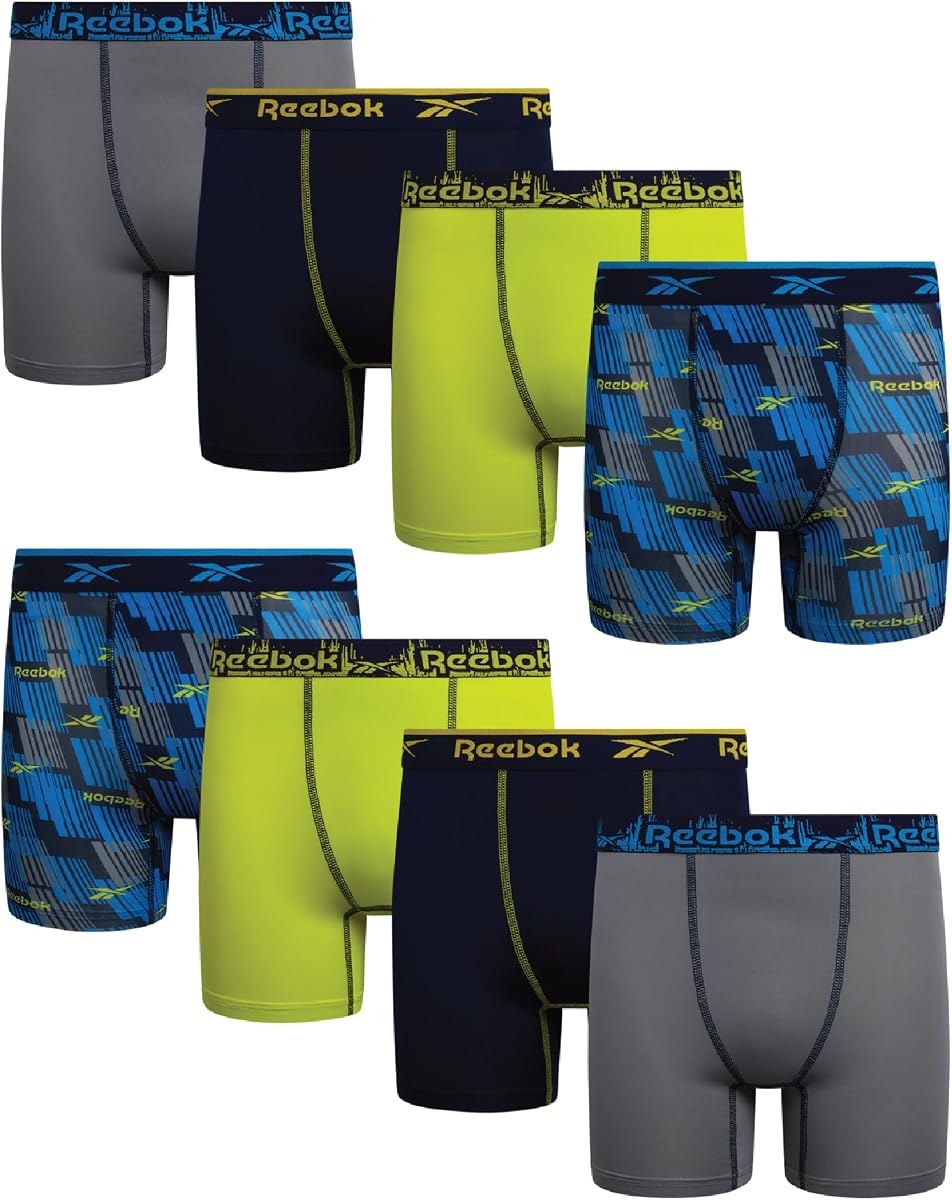 Reebok Boys Underwear 8 Pack Performance Moisture-Wicking Boxer Briefs | Lightweight Breathable Moisture-Wicking Fabric Keeps Kids Cool and Dry, Flexible Fit Reduces Bunching
