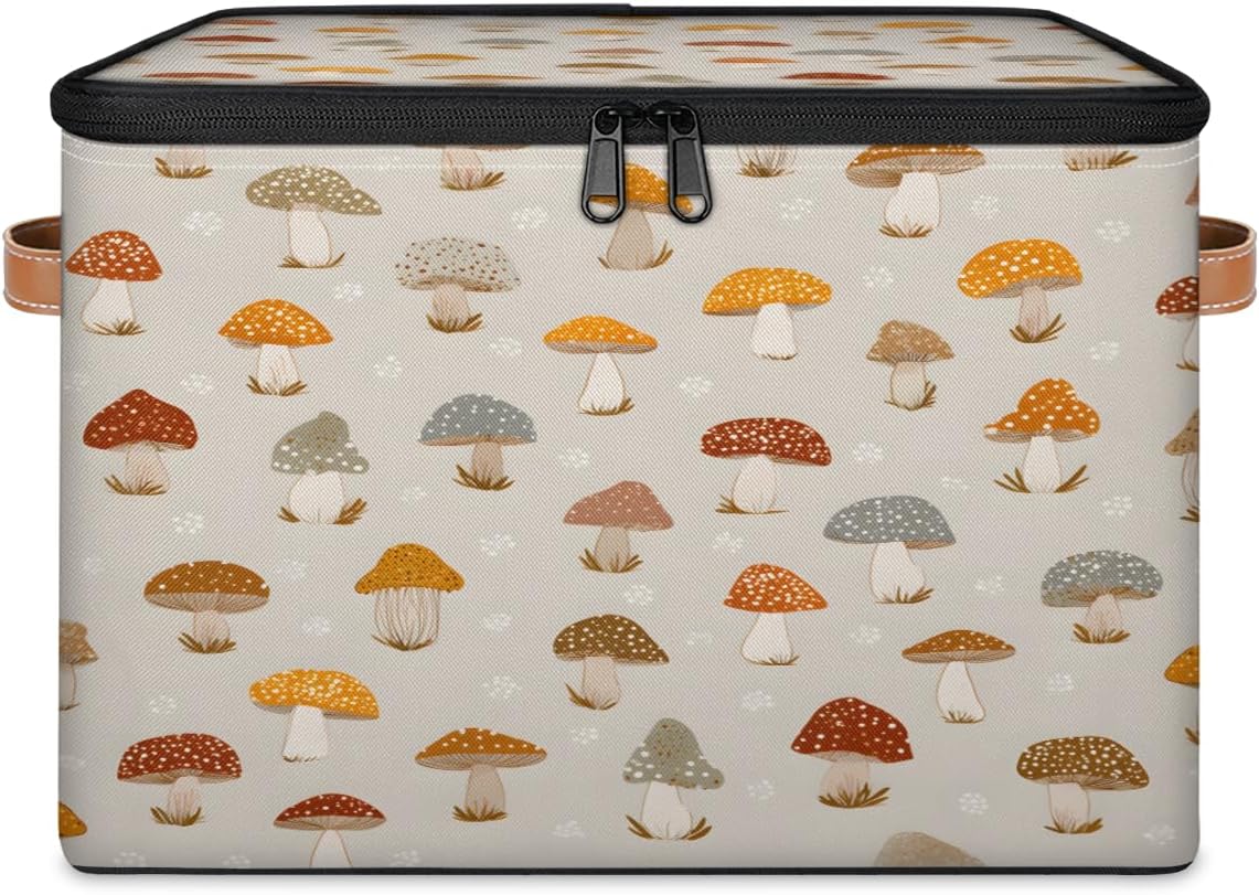 TropicalLife Cute Retro Mushrooms Stackable Storage Bins with Lid, Decorative Fabric Foldable Storage Boxes for Shelves, Memory Keepsake Box, Closet Storage Cube Organizers Basket