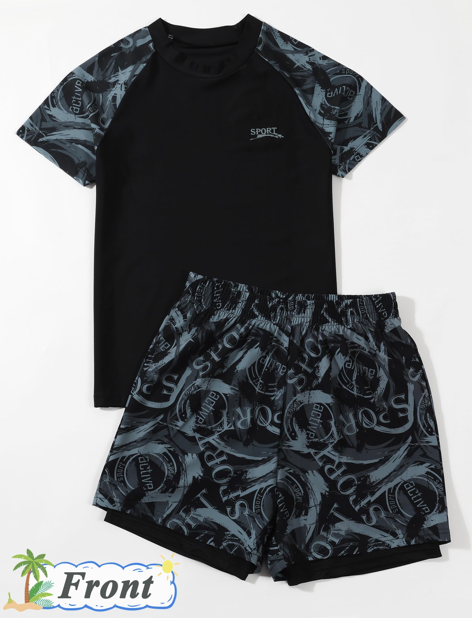 Maeau Bade-Set Kinder Junge Top+Badeshorts Uv-Schutz Badeanzug Bademode Bedruckt Badebekleidung Schwimmbekleidung Bequem 9-15 Jahre/140-190 cm