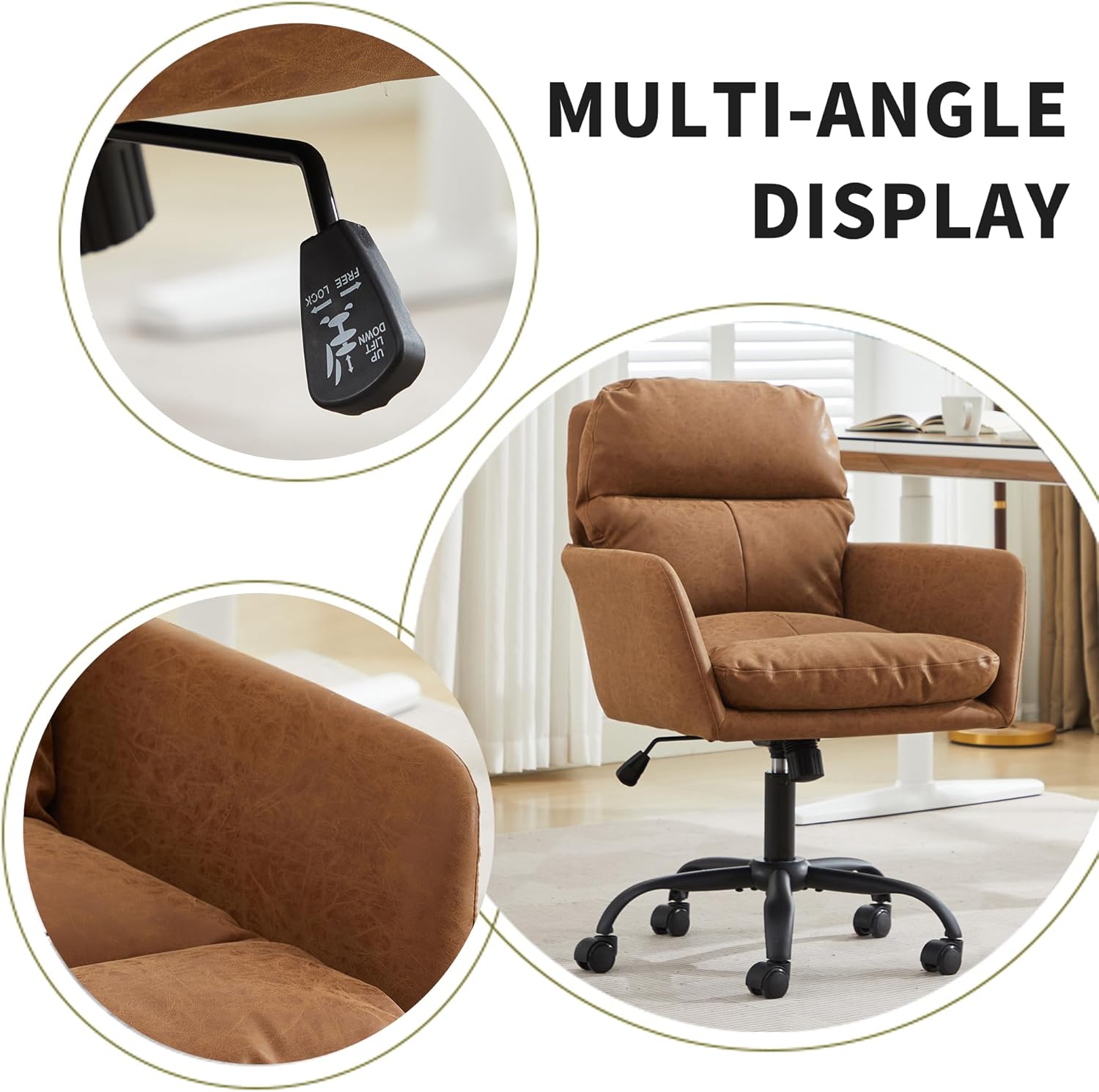 YITAI Adjustable Home Office Desk Chair with Comfy Square Mid-Back, Faux Leather 360 Swivel Upholstered Task Armchair with Wheels for Vanity Bedroom/Living Room,Study Brown