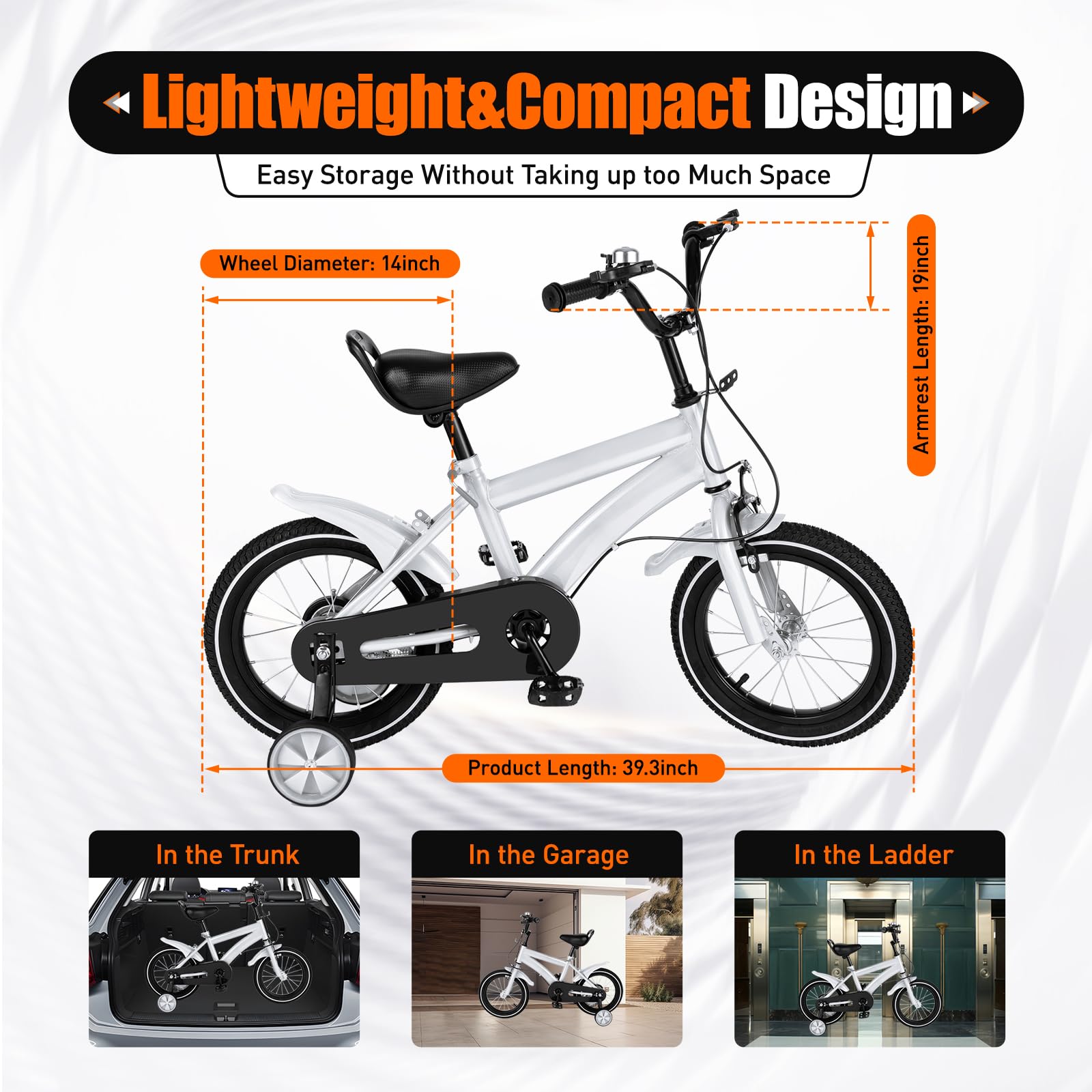 Vélo enfant de 2 à 4 ans de 14 pouces avec roues de support pour enfant avec roues de support, garde-boue, protection de chaîne, blanc