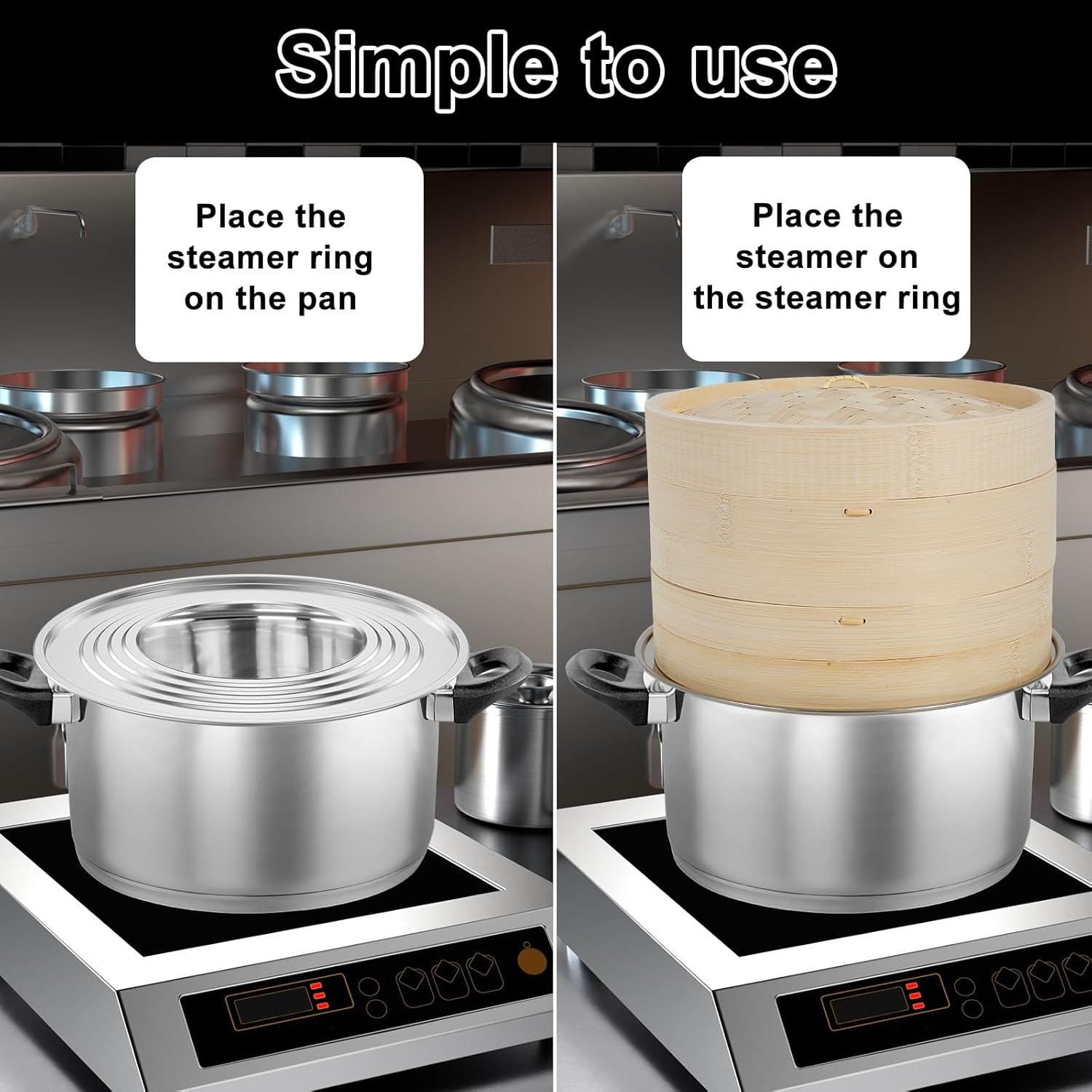 2 Tier Bamboo Steamer Basket, 10 Inch Bamboo Steamer, Versatile Wood Dumpling Steamers for Cooking Dim Sum, Momo, Rice, with Steamers Ring Set