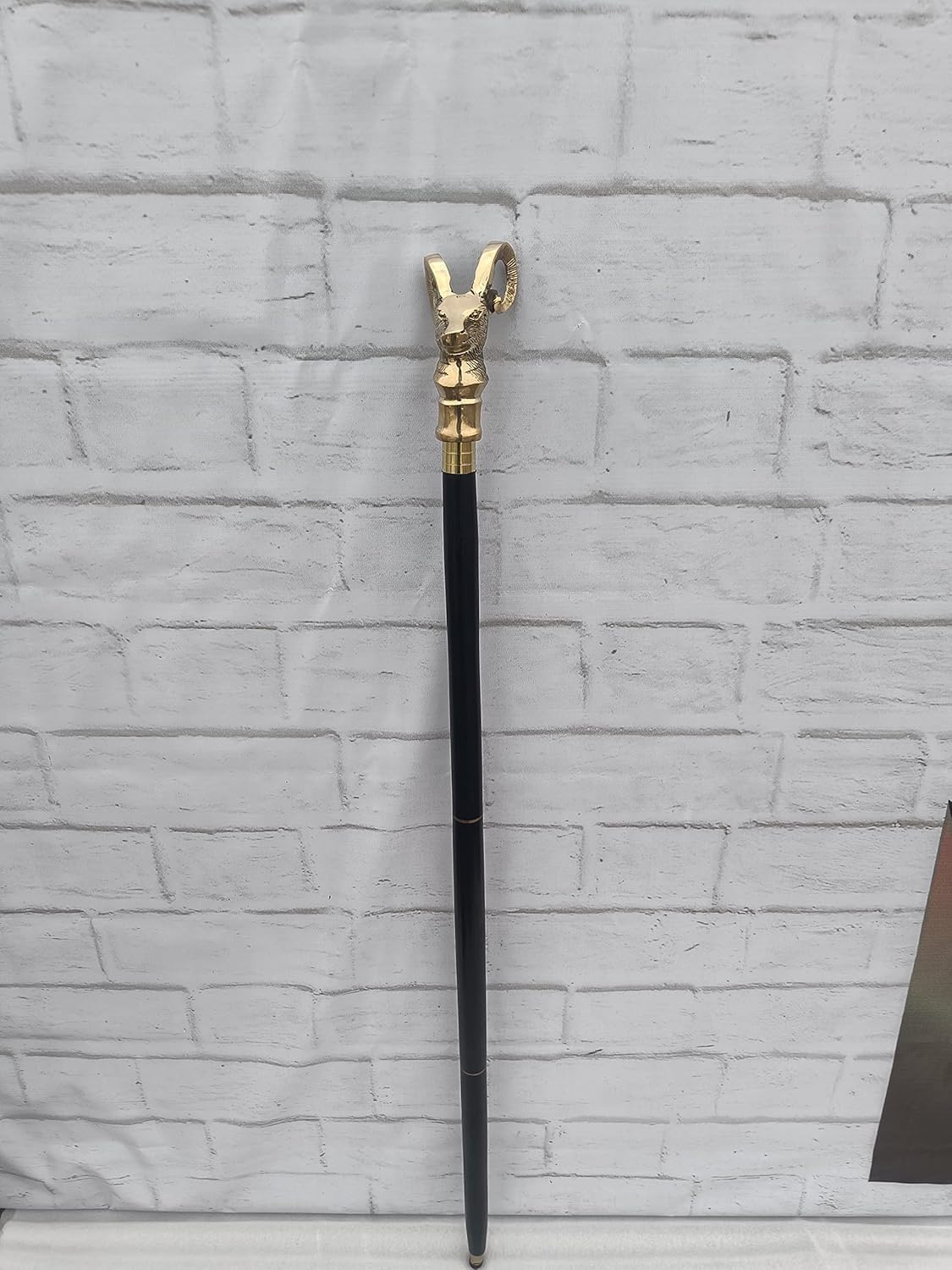 Vintage Brass Goat Head Handle Nautical Wooden Black Plain Walking Stick Cane Style Best for Gift 37 Inch