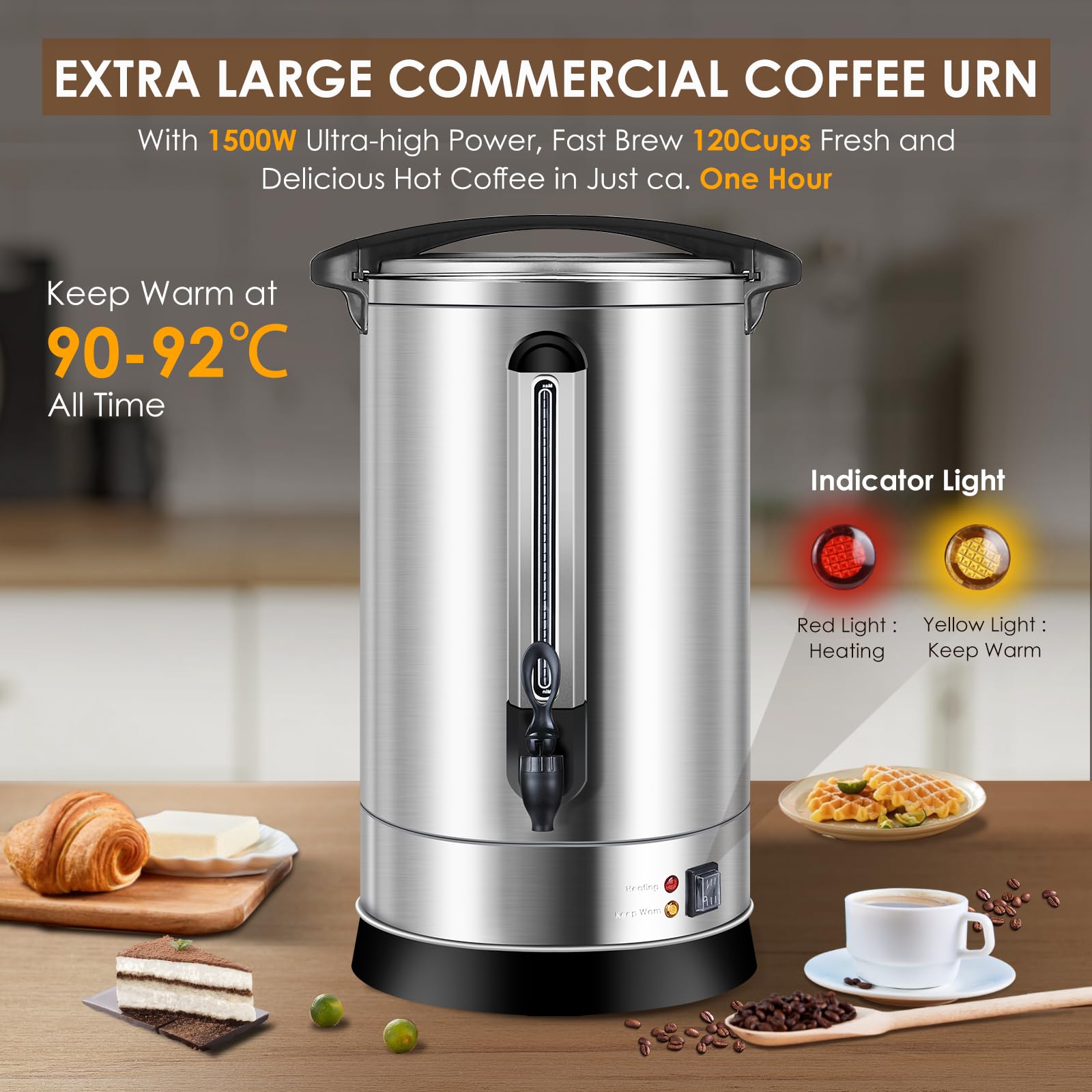 Homtone percolateur à café 120 tasses/18L à double paroi, percolateur industriel avec filtre rond et robinet, distributeur d'Eau Chaude pour Café, Thé, 1500W (Argent)