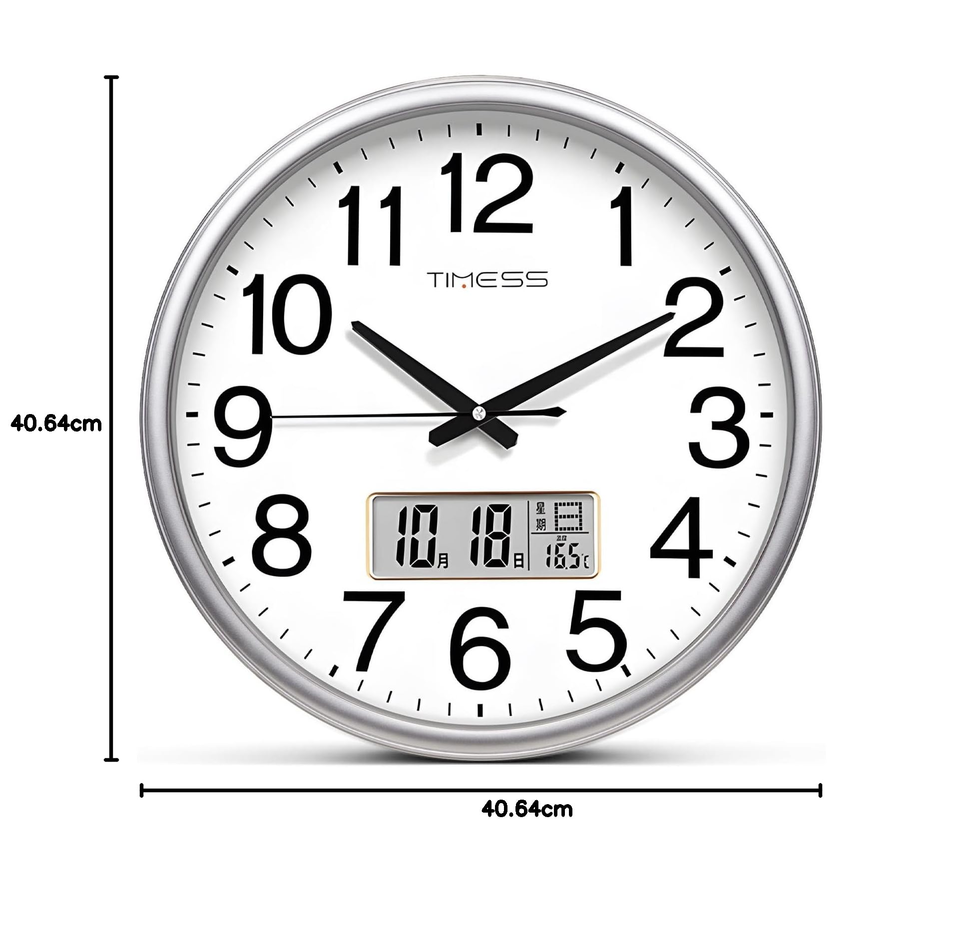 TIMESS Reloj de pared, 40,6 cm, silencioso, funciona con pilas, cuarzo analógico con pantalla LCD para calendario perpetuo y temperatura F, ideal para el hogar, dormitorio, cocina, oficina (plateado)