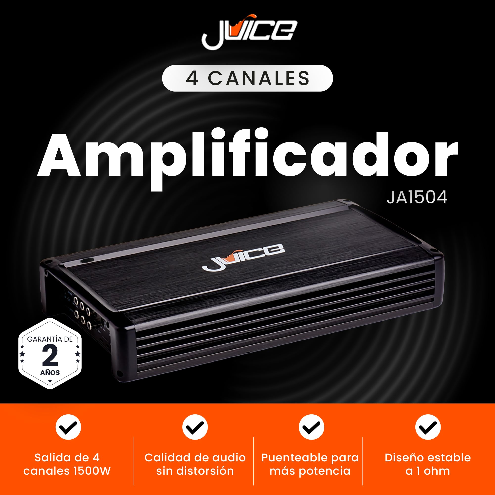 Juice Car Audio JA1504 - Amplificador de 4 canales para coche, 1500 W, 4 canales