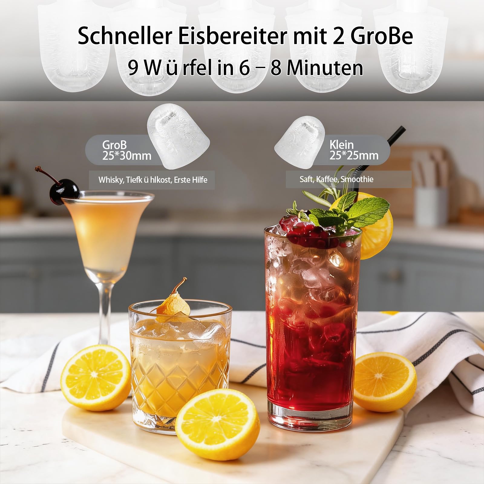 Eiswürfelmaschine 24 Stunden, 9 Eiswürfeln in nur 6 Min., 2 Größen von Bullet Ice, Selbstreinigender Eiswürfelbereiter Kleine 14kg, Mit Tragegriff, Eisschaufel u. Korb, Ice Maker für Party Büro RV