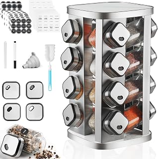 Spice Rack with Square Spice Jars 16 * 120 ml, 360° Rotating Stainless Steel, Rotating Spice Holder for Kitchen
