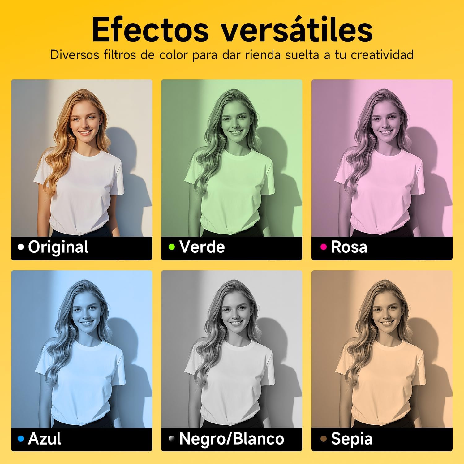 Grid of six images showing the same subject with different color filters applied: Original, Green, Pink, Blue, Black/White, and Sepia.