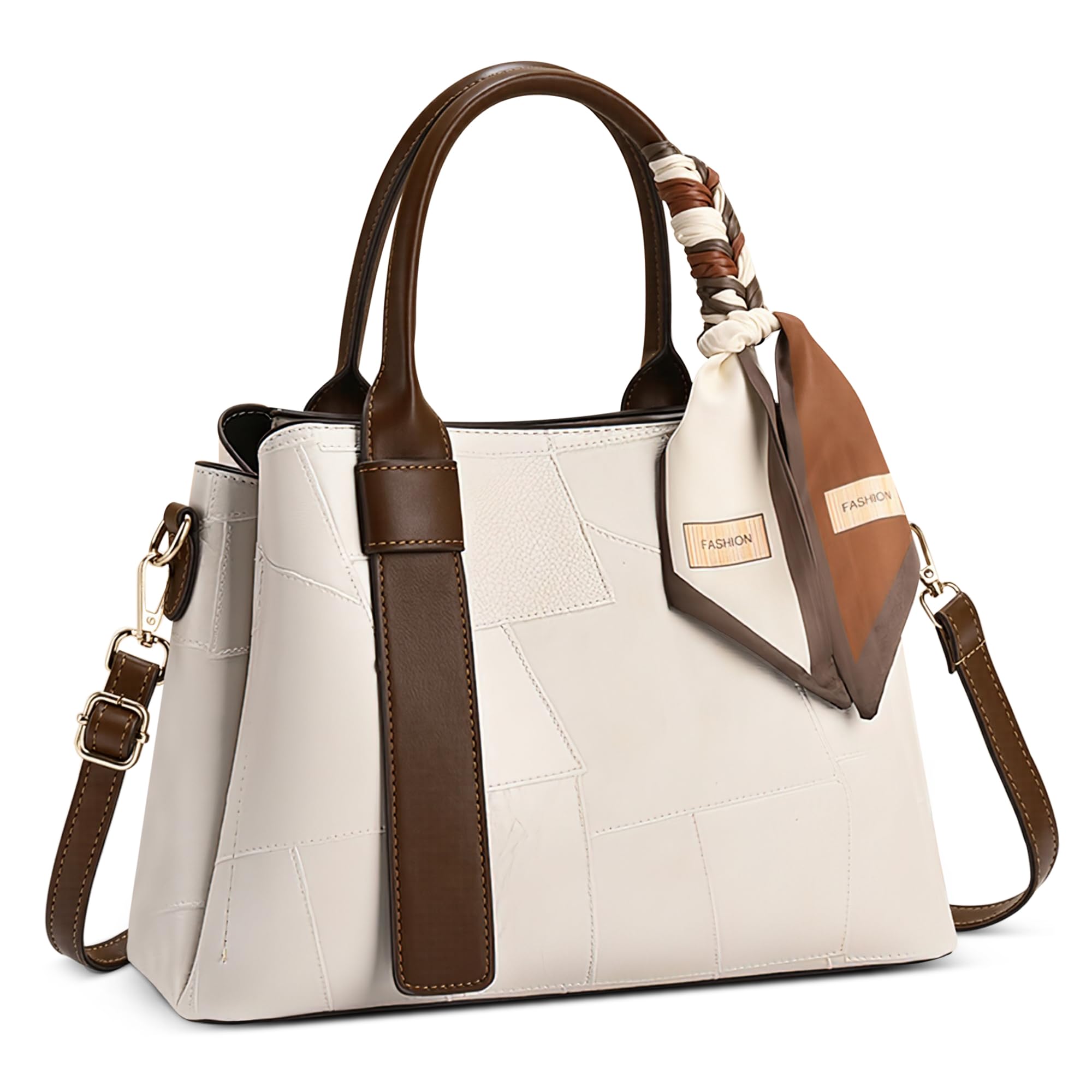 Handtasche Damen Henkeltaschen Modische Patchwork-Textur Umhängetasche PU Leder Schultertasche für Reisen Einkaufen Pendeln Weiß