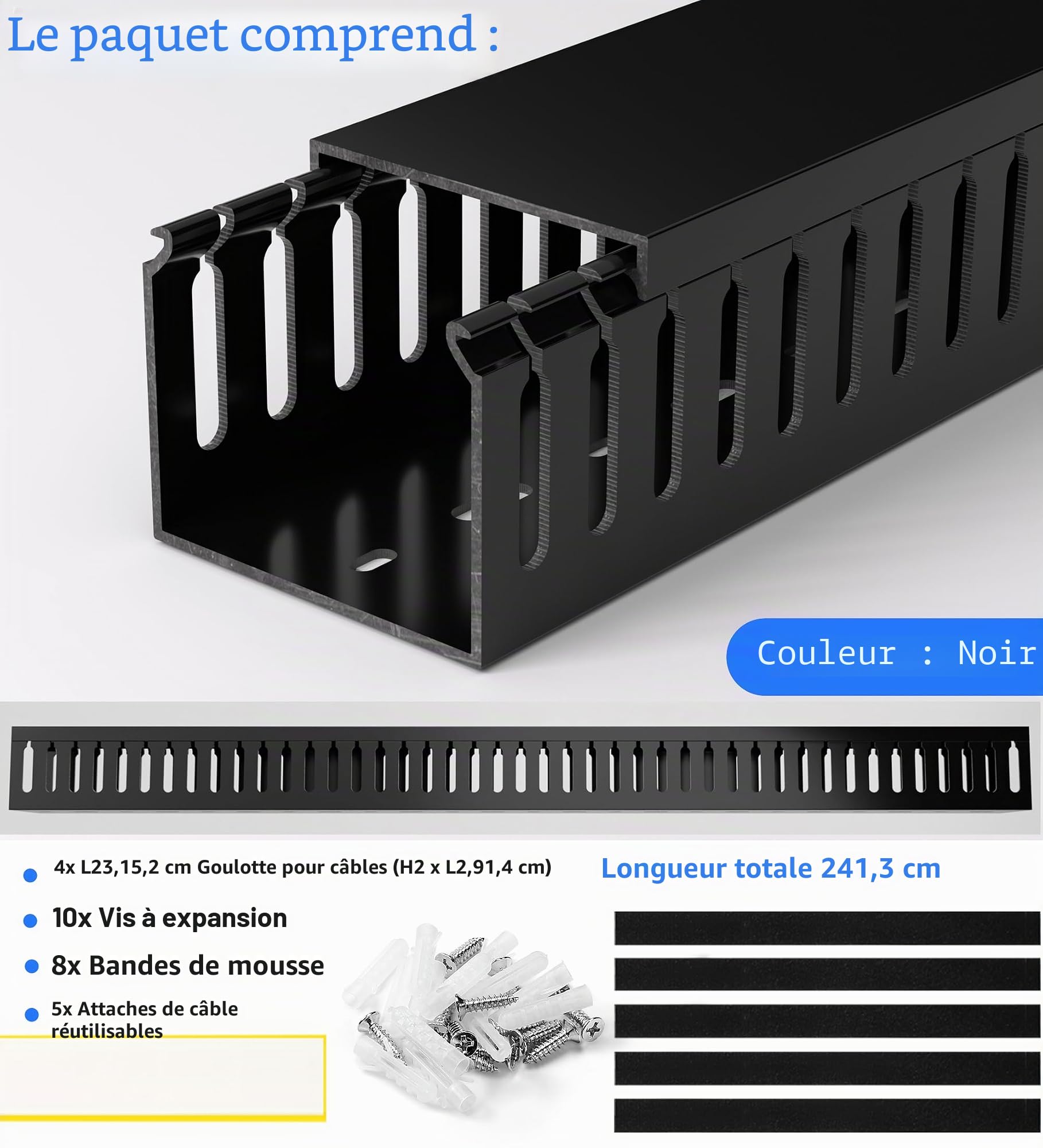 ZhiYo Chemin de câbles professionnel pour armoire serveur de 240 cm de long (4 x 60 cm), chemin de câbles de 5 x 6 cm (H x l) - PVC électriquement sûr, fentes ouvertes pour dissimuler des câbles sous