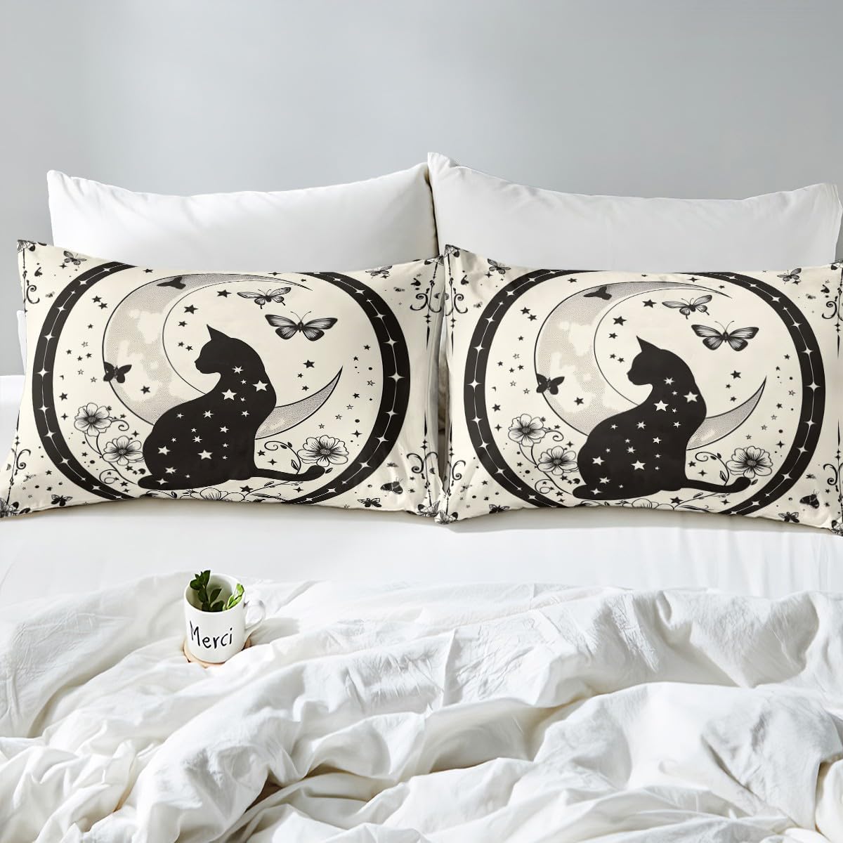 Black Cat Duvet Cover Set Toddler Size,Starry Sky Sketch Flowers Butterfly Bedding Set,Boys Girls Room Decor,Cartoon Cute Animal Pet Rustic Comforter Cover,Beige Quilt Cover,1 Pillowcase(No Filler)